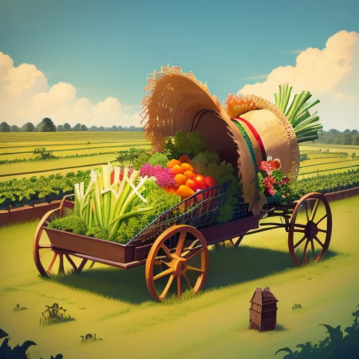 overturned vegetable cart anthill with scattered garden vegetables, a straw hat, pitchfork, and scarecrow
