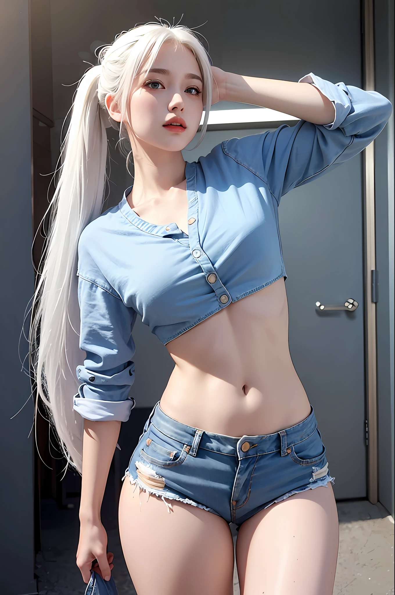 Realistic, high resolution, 1 girl, ponytail white hair, korean, blue eyes, shirt, skinny denim shorts, mid-chest, thin waist, thighs