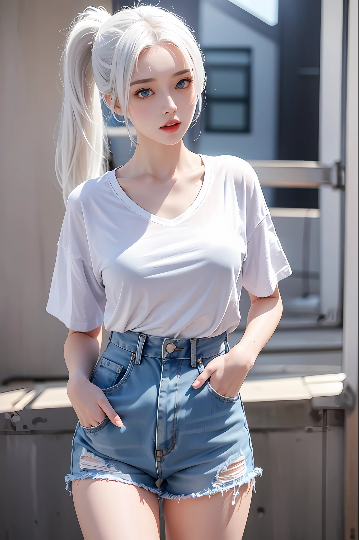 Realistic, high resolution, 1 girl, ponytail white hair, korean, blue eyes, shirt, skinny denim shorts, mid-chest, thin waist, thighs