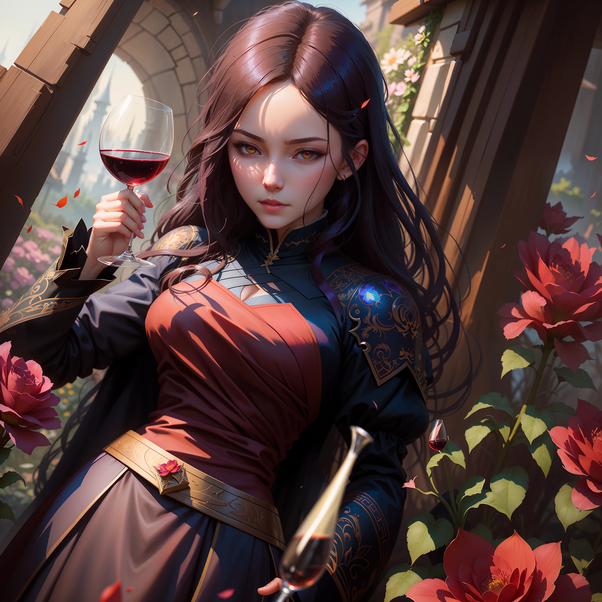 there is a woman holding a glass of wine in a garden, artwork in the style of guweiz, dark fantasy style art, alice x. zhang, fantasy art style, guweiz, by Yang J, neoartcore and charlie bowater, guweiz on artstation pixiv, beautiful character painting, guweiz on pixiv artstation