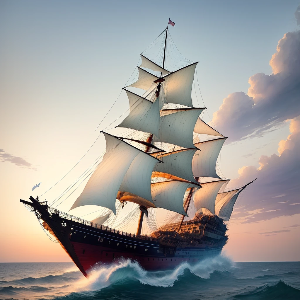 (floating ship, half-destroyed, with shredded sails, ghost-like, in the air, twilight, watercolor)