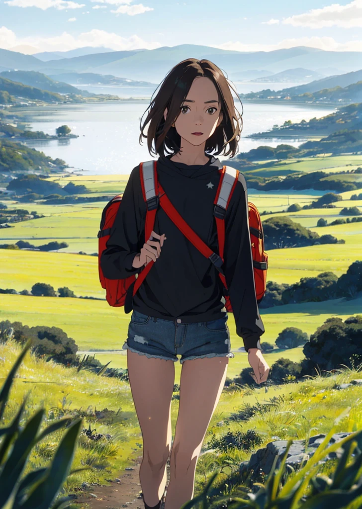 (beautiful and magnificent skyline, majestic sky), (extremely tense and dramatic pictures, moving visual effects), (high hanging Polaris, colorful natural light), (1girl), (long-sleeved top, denim shorts, carrying a backpack), (dynamic pose:1.3, black eyes, black hime-cut hair, sparkling girl)[:0.8], (large grassland), (oncoming breeze), (brown hair and background Coordination effect: 1.2), (close shot, long shot mix and match)[::0.9]