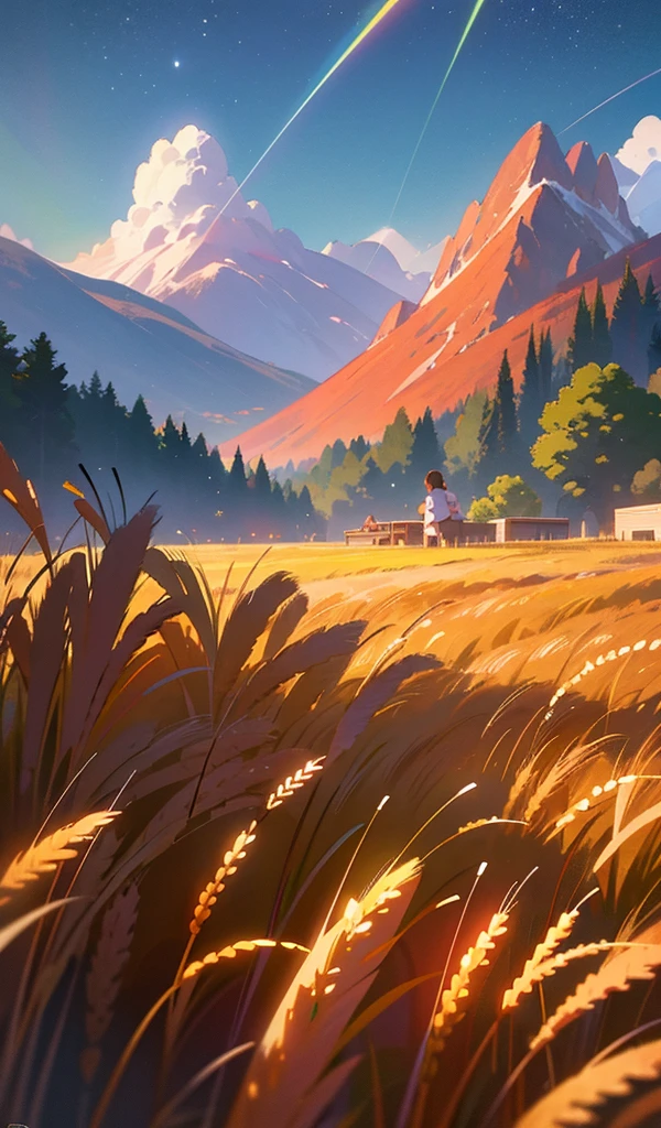 (Super detailed, masterpiece level Nature Children's Day poster, best illustrations), (Wheat ear a few teenagers playing, distant view with mountains and shining stars, using ray tracing technology, showing real light and shadow details).
