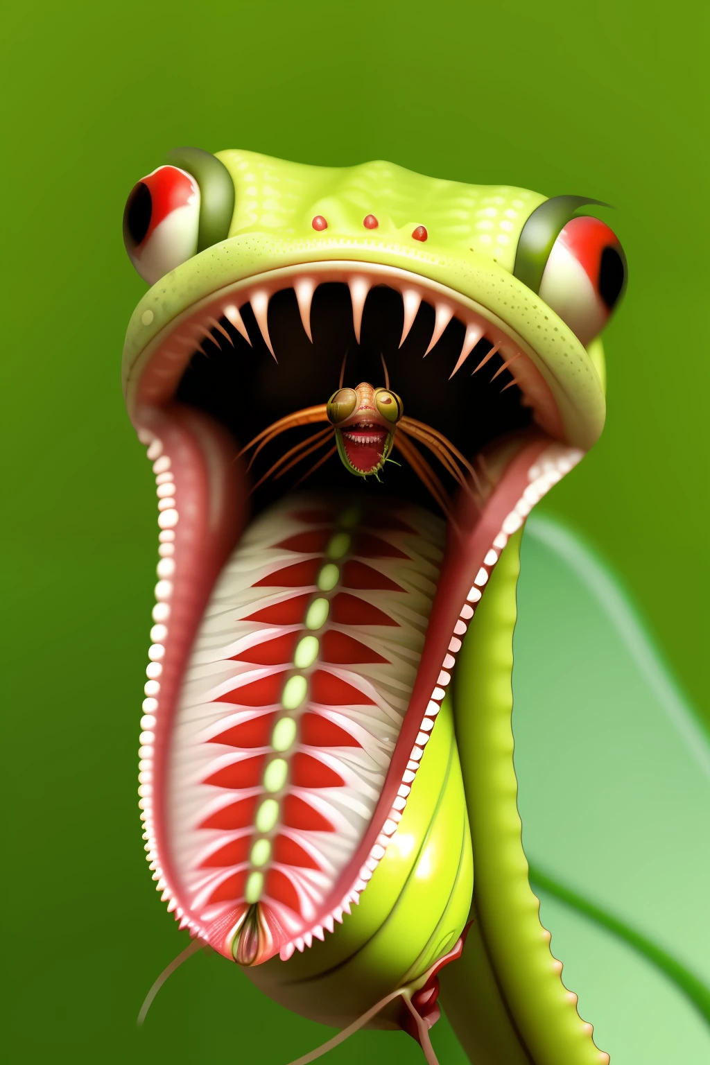 venus flytrap, head on the floor. wide mouth open with tounge out catching a fly. the flytrap vine wrapped around towards the back in dr. suess style