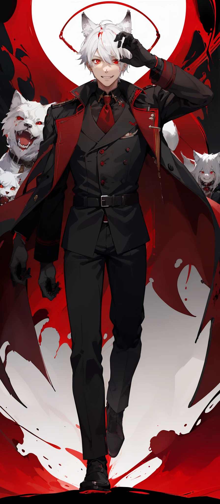 1boy, glowing red mechanical eyes, white hair, masterpiece, HD, vibrant, horror, full body view, blood over mouth, grin, black trench coat, peaked general cap, wolf ears