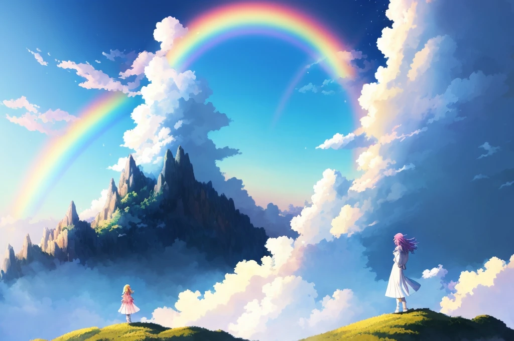 anime scene of a woman standing on a hill with a rainbow in the sky, anime beautiful peace scene, beautiful anime scene, beautiful anime scenery, beautiful fantasy anime, anime clouds, anime landscape wallpaper, beautifull puffy clouds. anime, colorful anime movie background, intricate rainbow environment, rainbow in the sky, atmospheric anime, just one rainbow 8 k, anime fantasy illustration