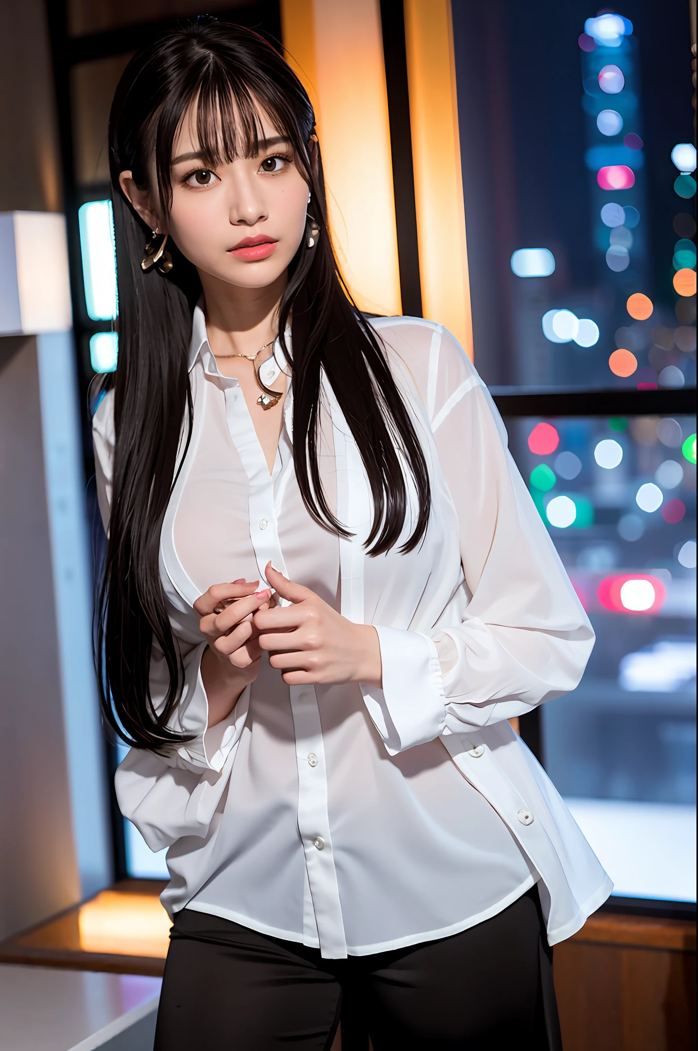 Nikon RAW photo,8 k,Fujifilm XT3,masterpiece, best quality, realistic, photorealistic,ultra detailed,1girl,solo,
close up portrait,
diamond stud earrings, long straight black hair, hazel eyes, serious expression, black blazer ,white shirt, white blouse, standing against a city skyline at night ,