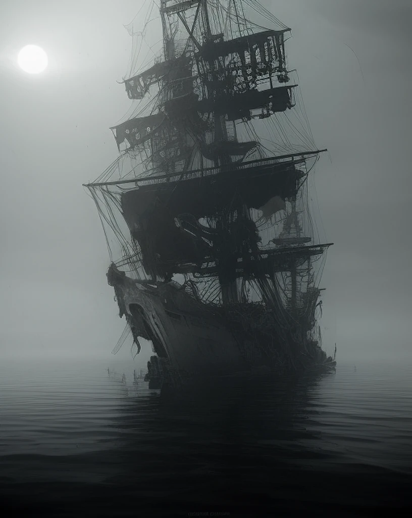 "Ghost ship" - a haunting and eerie vessel, lost in murky waters and shrouded in mist. A spectral presence, with tattered sails and creaking boards, it beckons to the curious, daring them to come closer. The ship's interior whispers of past voyages and lost souls, with rusted chains and broken lanterns casting long shadows. The atmosphere is foreboding, with the creaking of the ship's timbers echoing hauntingly in the night.