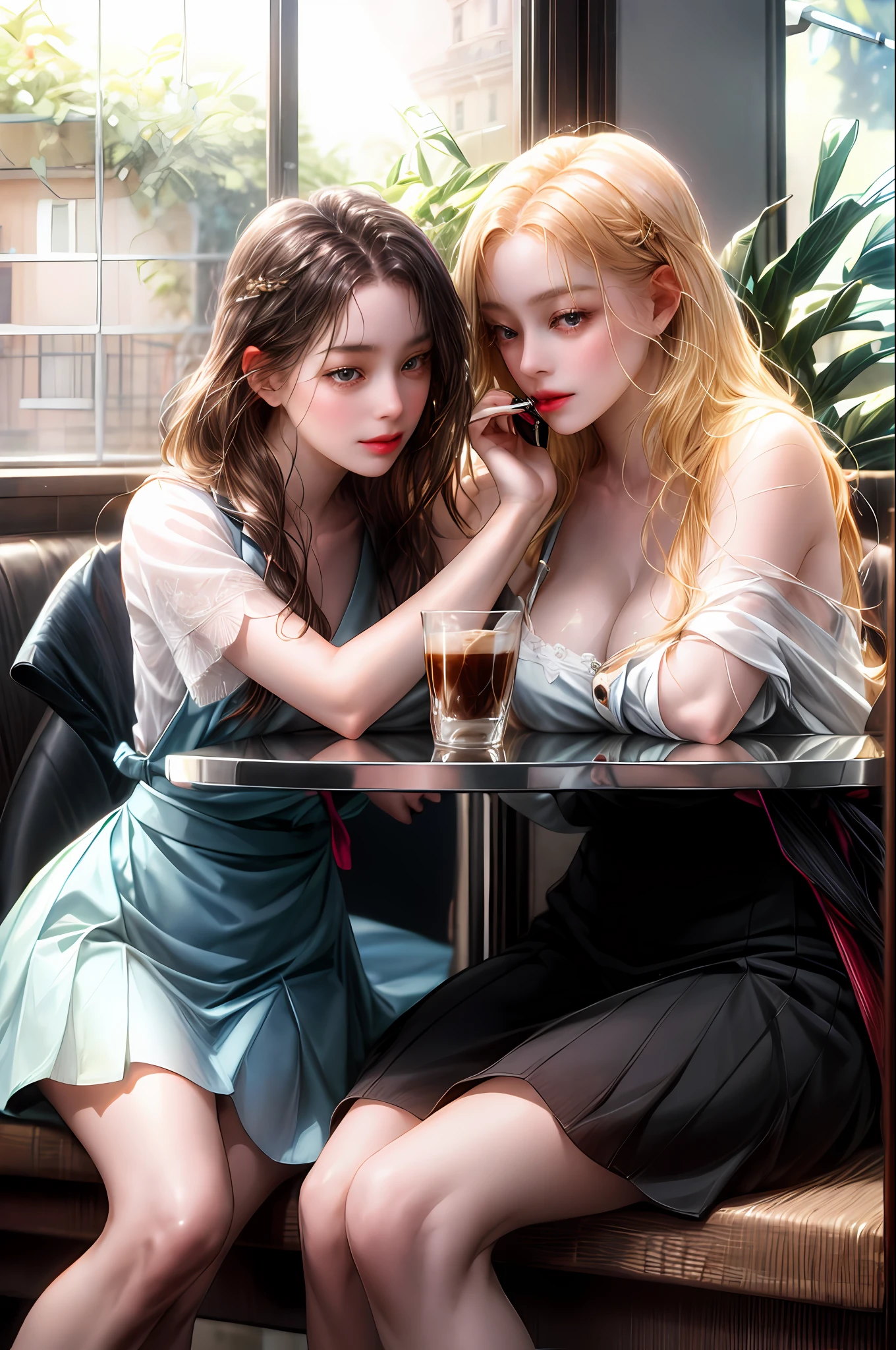 (absurd, highres, ultra detailed), 2girl, sitting at a table near the window where the shops outside are reflected, are in a coffee shop, drinking coffee from the same glass with two straws, lesbians, looking at each other, the one on the left has long blonde hair and the one on the right has black hair.