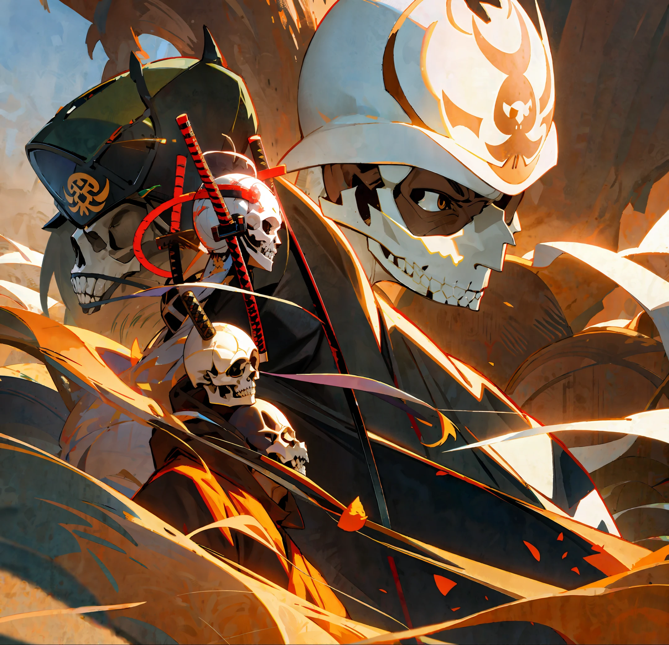 anthill samurai helmet and skull with katana in desert
