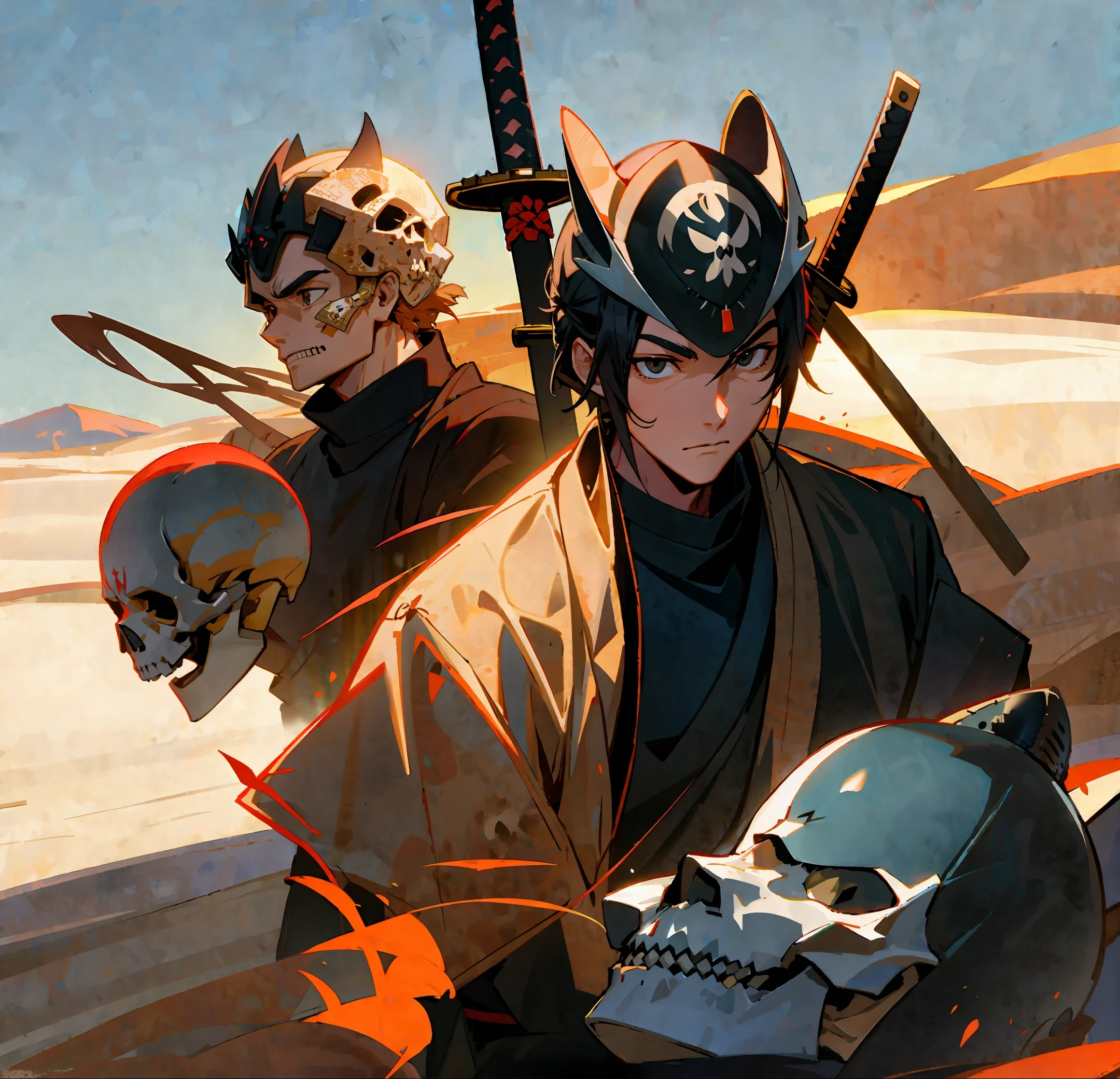 anthill samurai helmet and skull with katana in desert