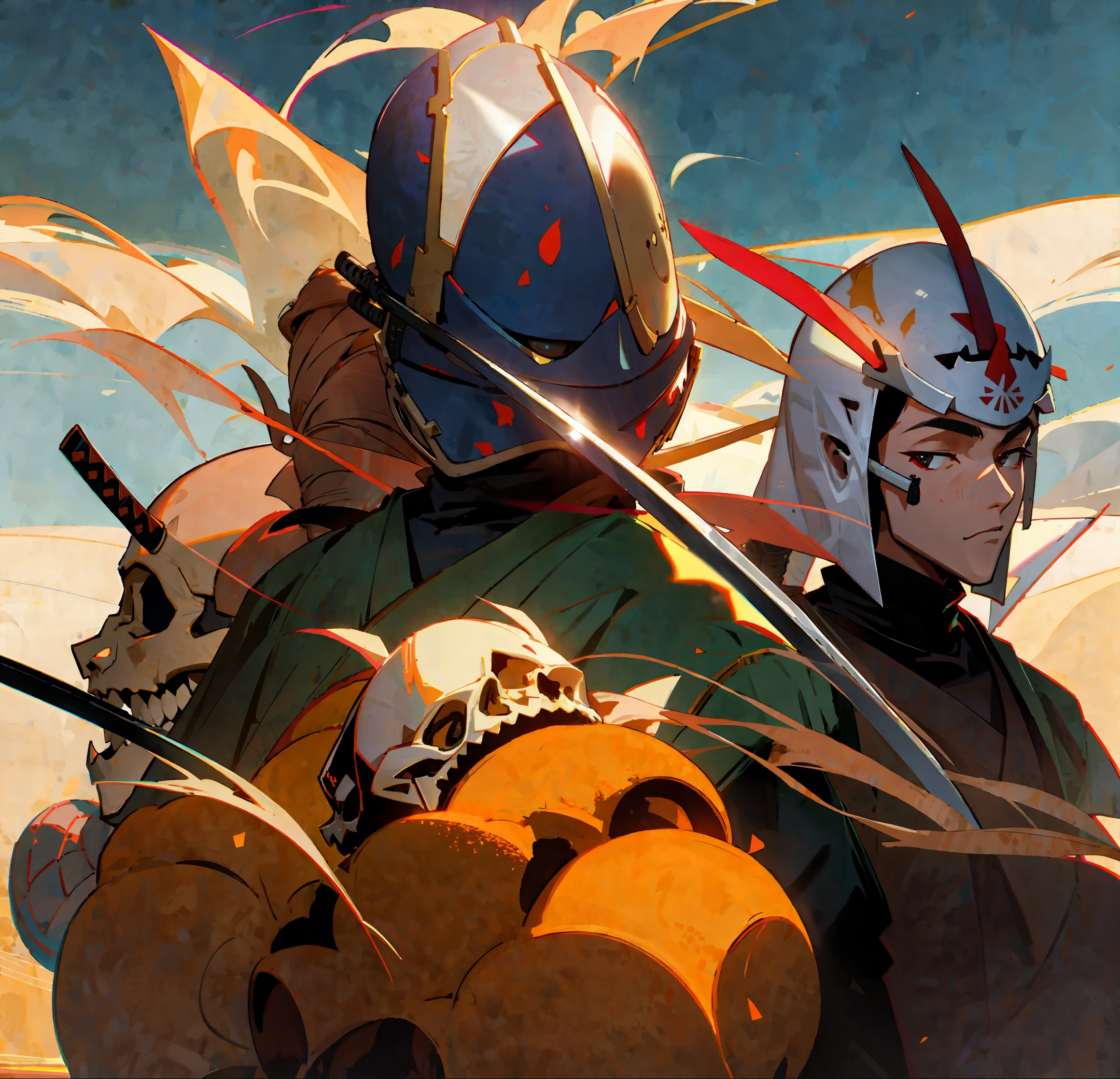 anthill samurai helmet and skull with katana in desert