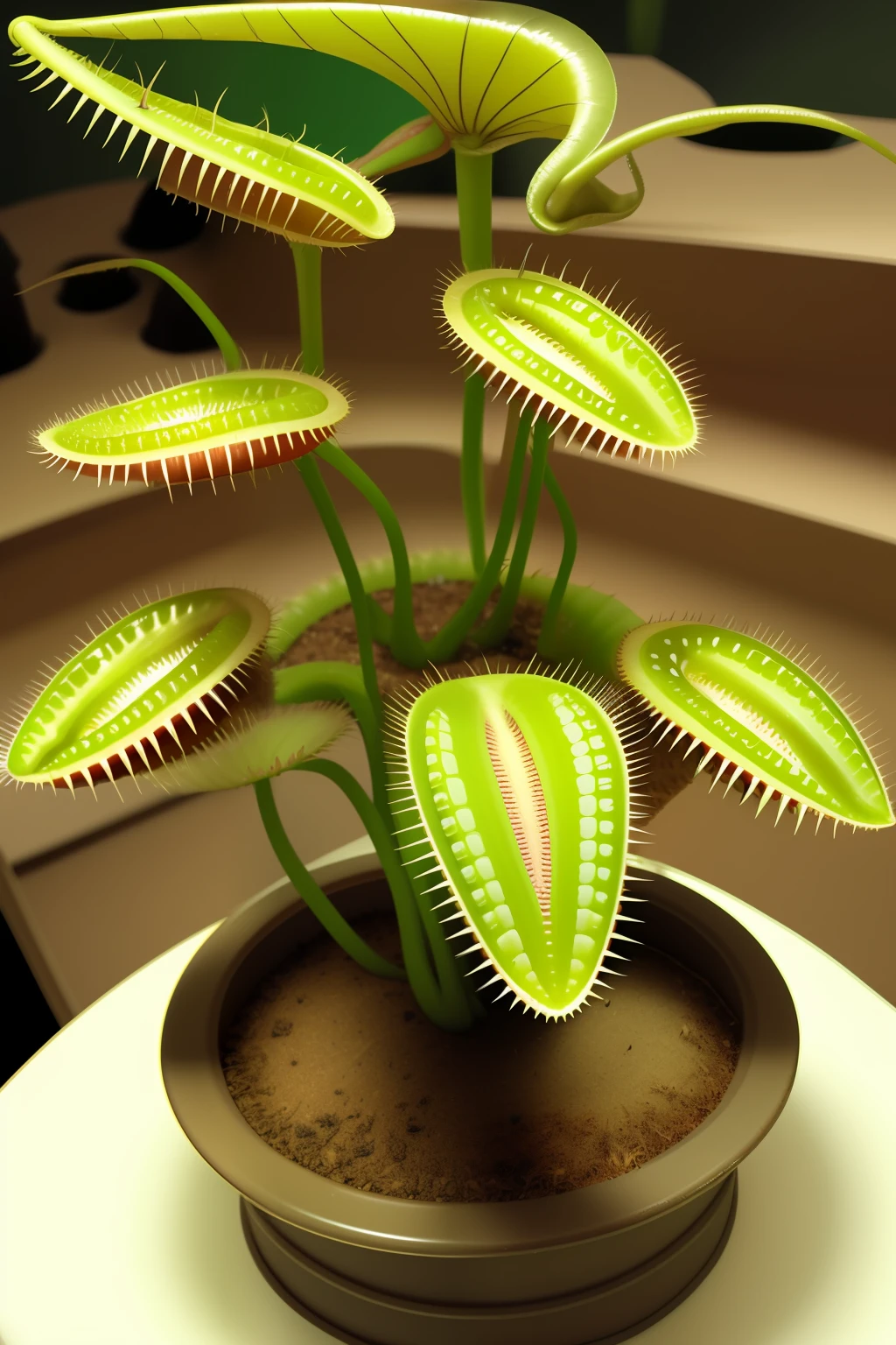 venus flytrap plant with very wide mouth and a lot of teeth. Only the head is 4ft by 4ft wide. smaller venus flytrap heads shown in the background.