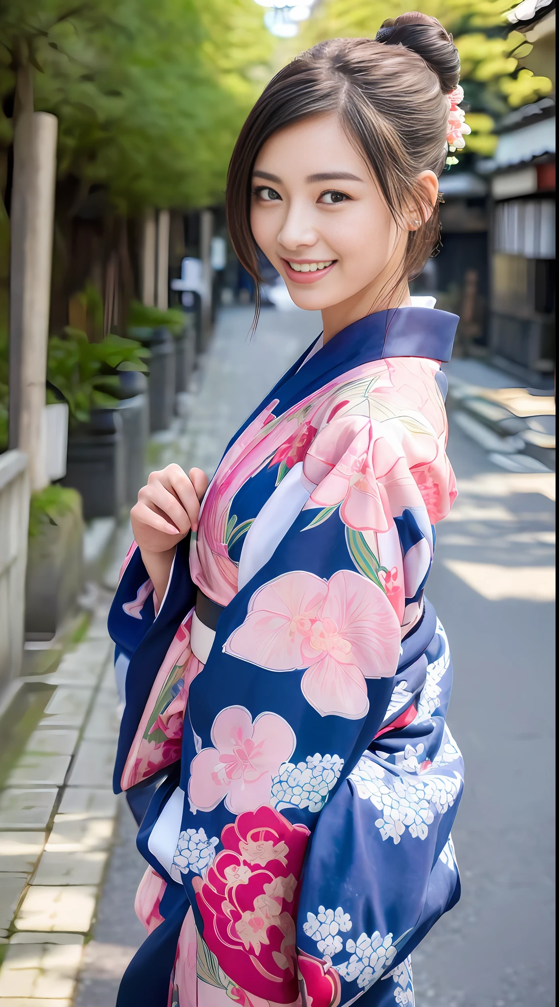 (((top quality, 8k, masterpiece))), crisp focus, (beautiful woman with perfect figure), slender, (hairstyle: up)), (((kimono: color)), street: 1.2, Highly detailed face and skin texture, detailed eyes, double eyelids, random posture, (smile), Japan person