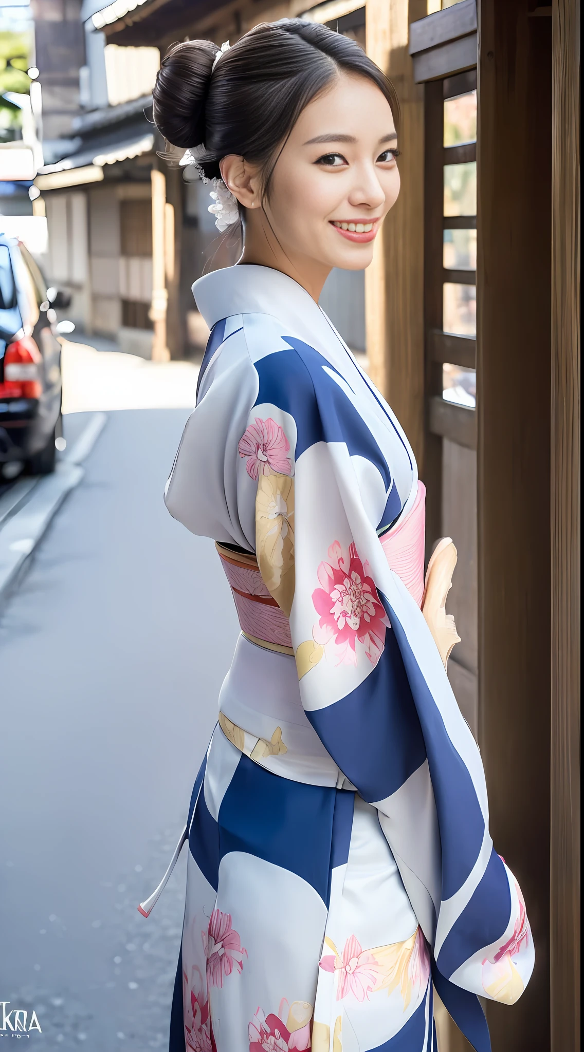 (((top quality, 8k, masterpiece))), crisp focus, (beautiful woman with perfect figure), slender, (hairstyle: up)), (((kimono: Kara)), Street: 1.2 Highly detailed face and skin texture Detailed eyes Double eyelids Random posture, (smile), Japan person