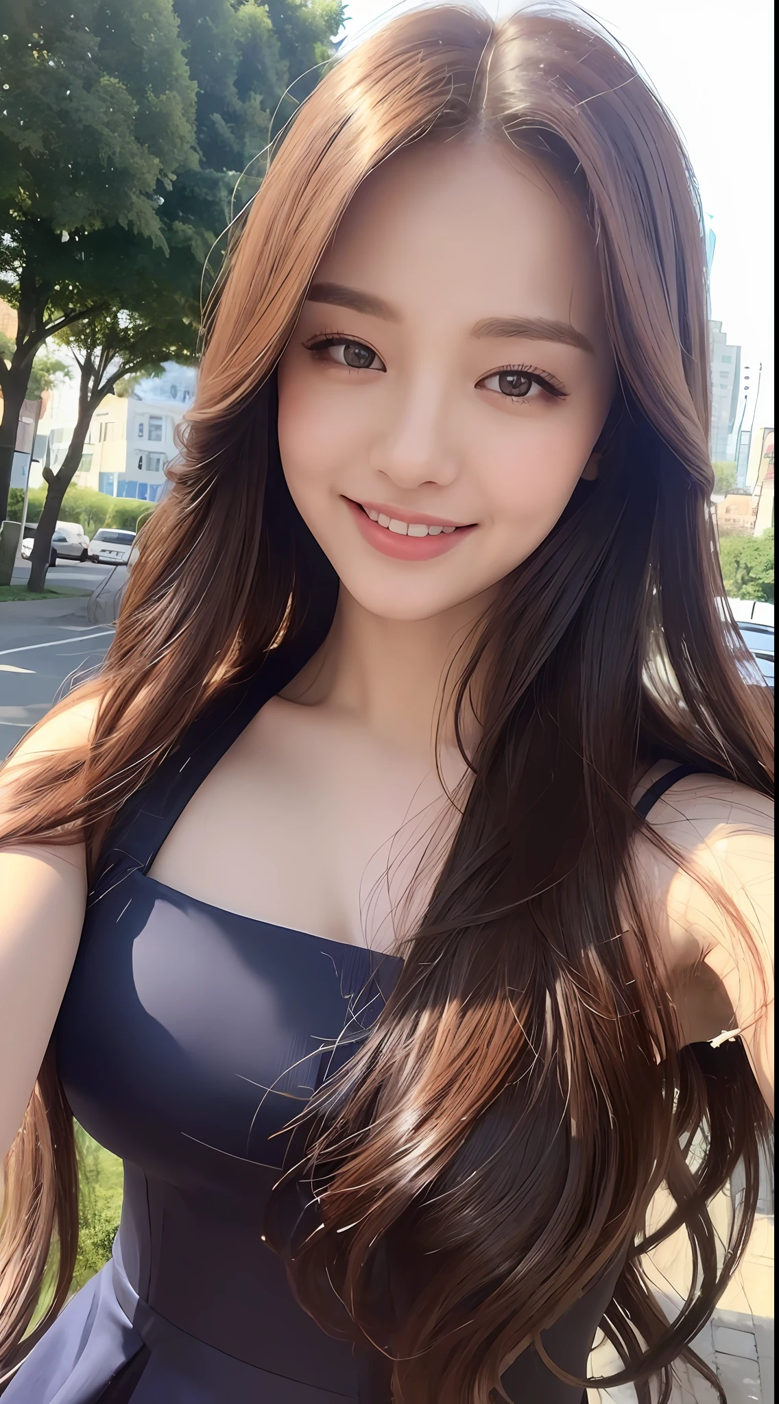 ((Best quality, 8k, Masterpiece :1.3)), 1girl, taking selfie, closeup, smiling, slim face, Pretty woman, (Dark brown hair), full length dress :1.1, Ultra-detailed face, Detailed eyes, Double eyelid,  blur background, slim face, city, outside, street, sunny, sky, Nature