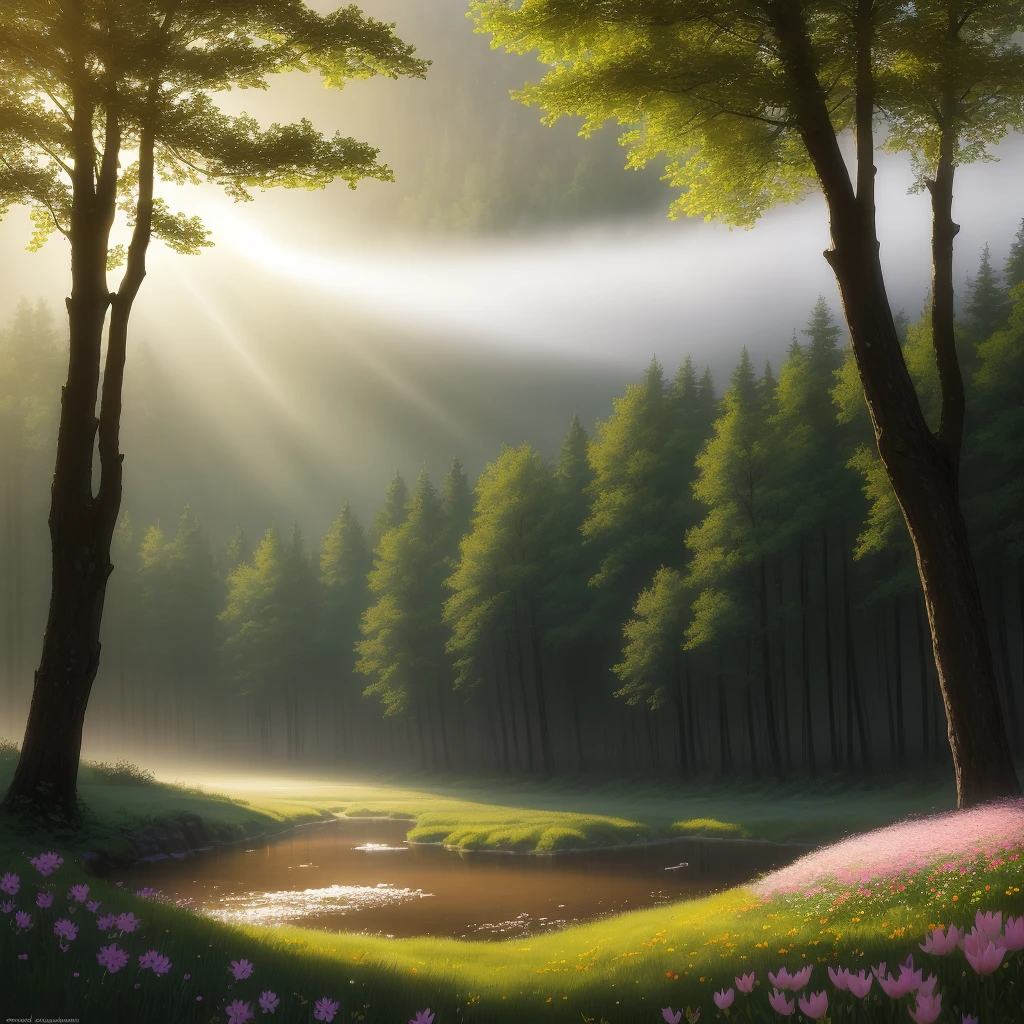 Hyper-realistic, early morning, sun shines through the woods, flowers bloom in the meadows, creeks, mist, buffalo