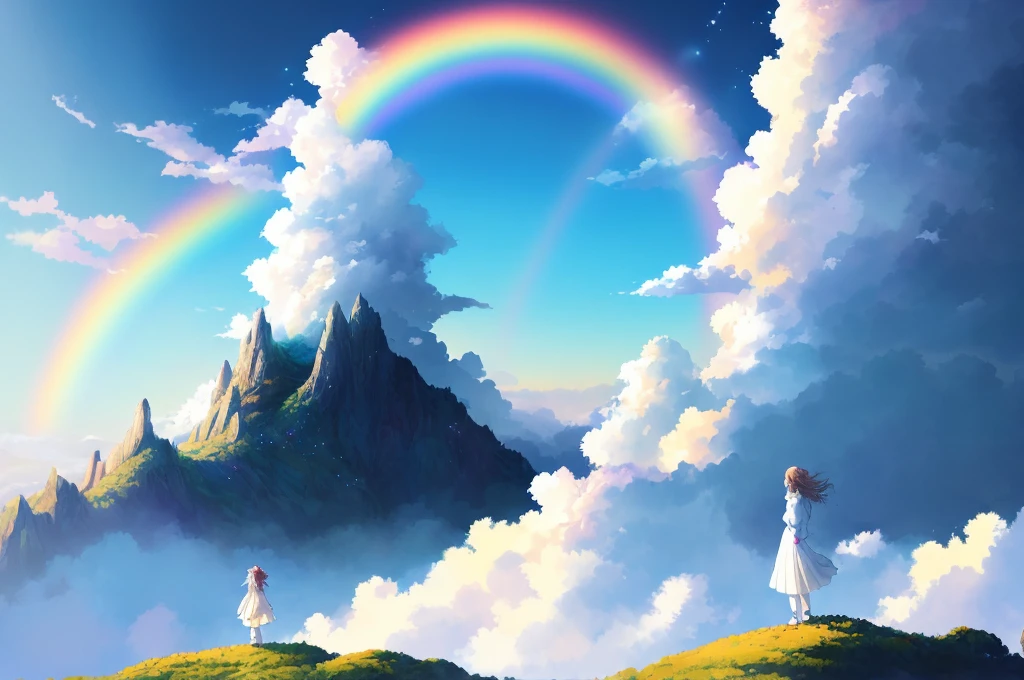 (Beautiful fantasy anime, anime clouds, colorful backgrounds + fluffy clouds: 1.3, sky rainbow, long shot, stereoscopic, animation style) :(0.9), (single woman, long hair + head flowers, sweater turtleneck + jumper): 0.85