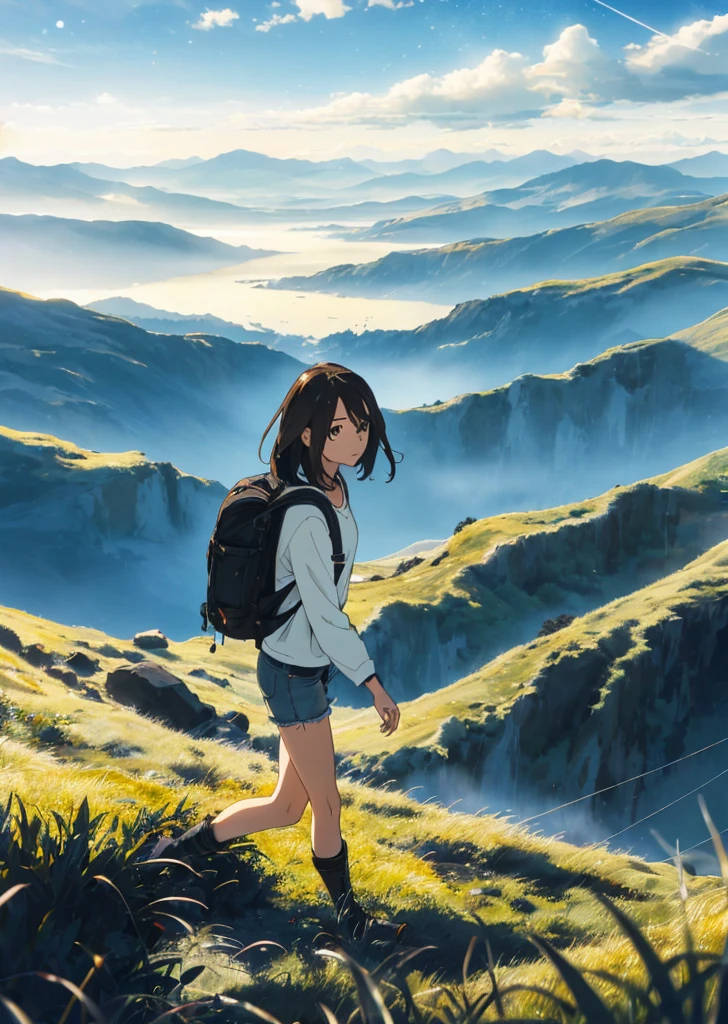 (beautiful and magnificent skyline, majestic sky), (extremely tense and dramatic pictures, moving visual effects), (high hanging Polaris, colorful natural light), (1girl), (long-sleeved top, denim shorts, carrying a backpack), (dynamic pose:1.3, black eyes, black hime-cut hair, sparkling girl)[:0.8], (large grassland), (oncoming breeze), (brown hair and background Coordination effect: 1.2), (close shot, long shot mix and match)[::0.9]