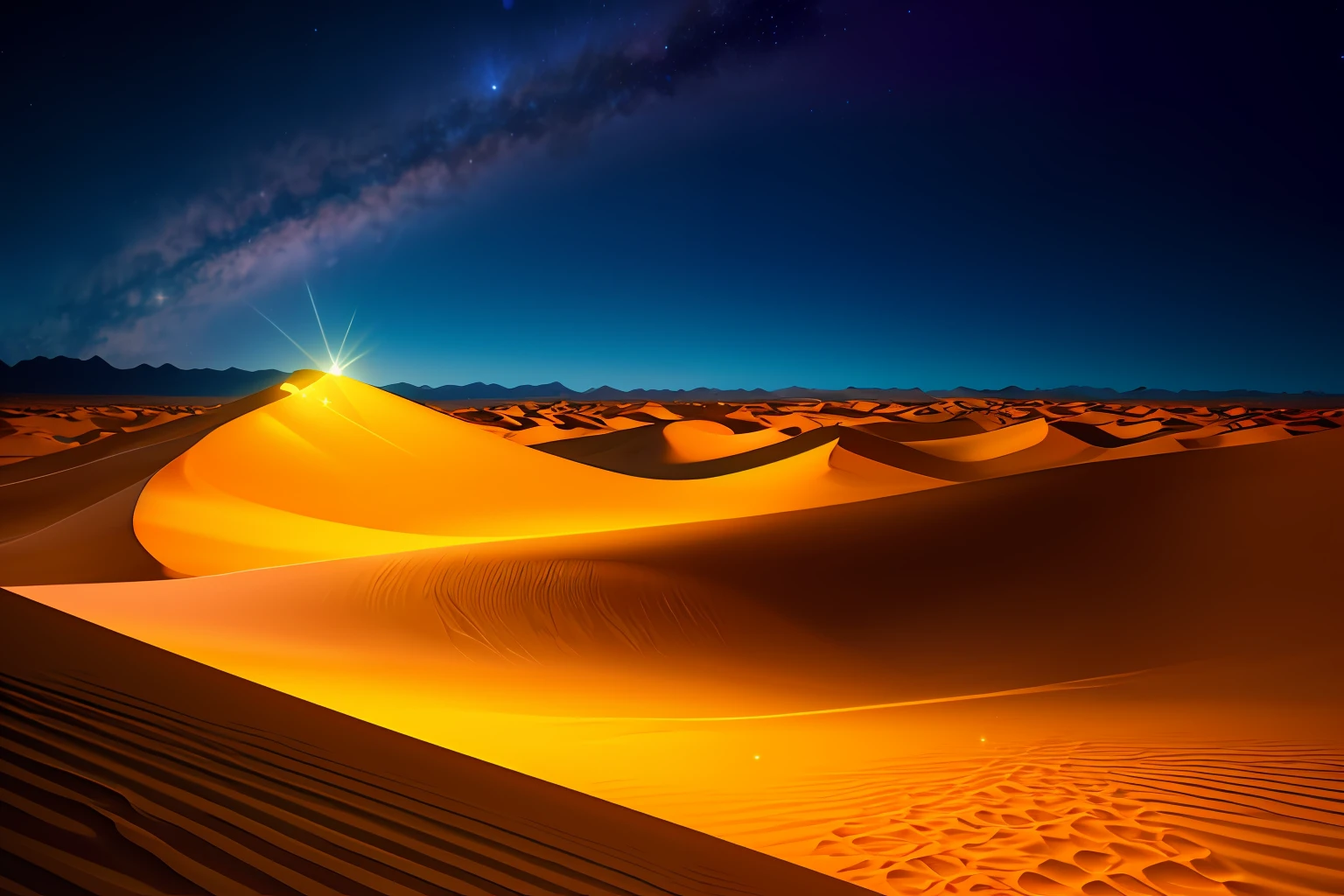 Ultra-detailed, photorealistic desert landscape under a starlit night, hallucinatory oasis with glowing, vibrant flora and fauna, sand dunes forming intricate patterns, surreal contrast between the serene desert and the vivid mirage