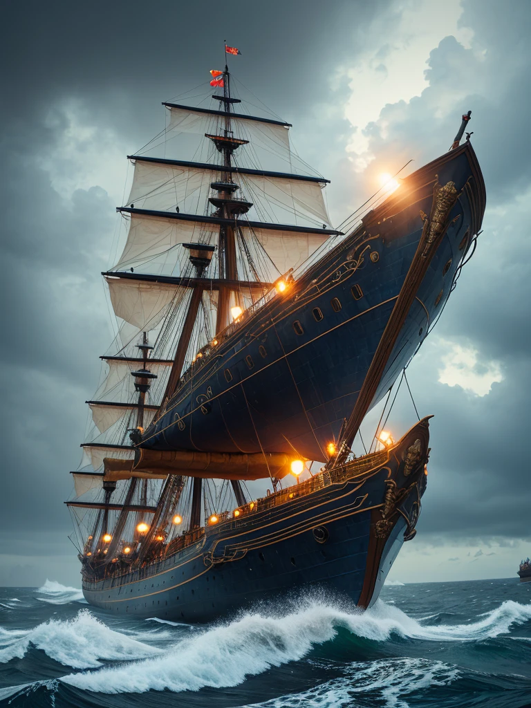 (highly detailed:1.2),(best quality:1.2),(8k:1.0),(emb-rrf-low:1.0),sharp focus,(award-winning photograph:1.2), (subsurface scattering:1.1), A sailing ship and a giant kraken battle in a stormy night, painted in digital art with vibrant colors, detailed textures, dynamic lighting, and a fantasy atmosphere by michael whelan and tomer hanuka, trending on artstation and unreal engine.