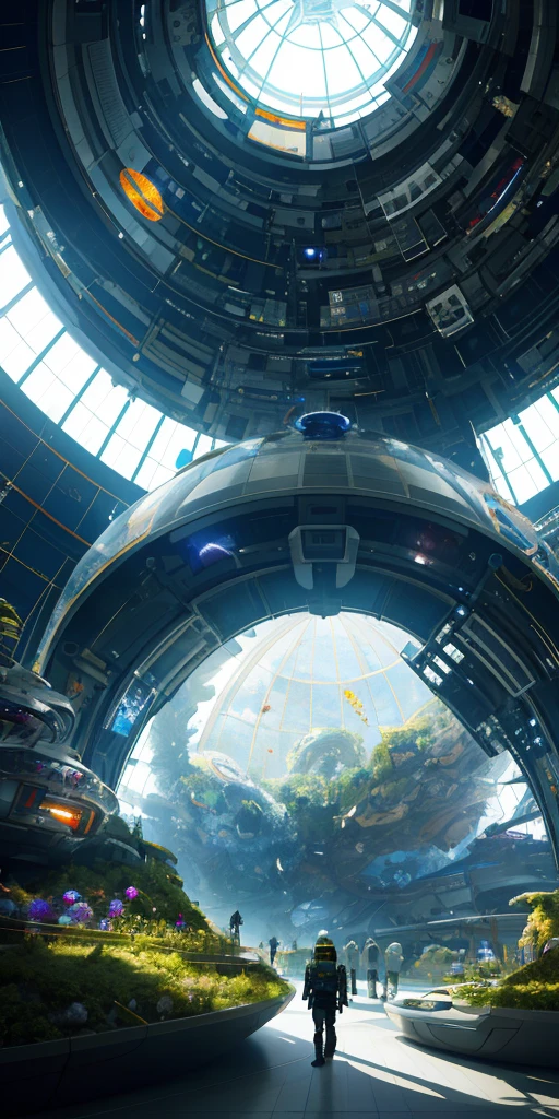 In the future space transfer station, dome technology cycle human and natural symbiotic ecosystem, human daily life social state, internal architectural activity space, real HD 4k, flat style, high quality, very detailed CG unity 8k wallpaper, depth of field, HDR, realism, multiple human perspectives, zaha style, minimalist architecture