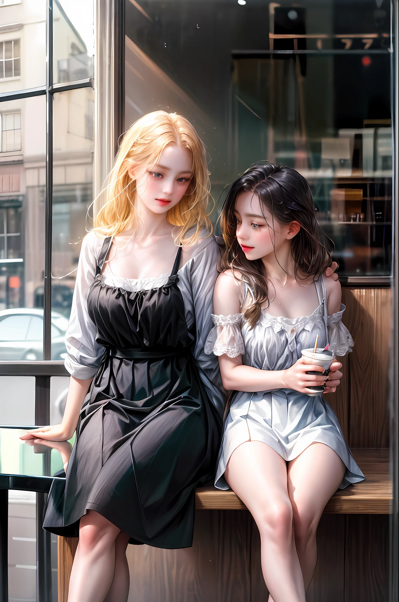 (absurd, highres, ultra detailed), 2girl, sitting at a table near the window where the shops outside are reflected, are in a coffee shop, drinking coffee from the same glass with two straws, lesbians, looking at each other, the one on the left has long blonde hair and the one on the right has black hair.