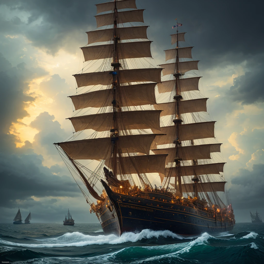 (highly detailed:1.2),(best quality:1.2),(8k:1.0),(emb-rrf-low:1.0),sharp focus,(award-winning photograph:1.2), (subsurface scattering:1.1), A sailing ship and a giant kraken battle in a stormy night, painted in digital art with vibrant colors, detailed textures, dynamic lighting, and a fantasy atmosphere by michael whelan and tomer hanuka, trending on artstation and unreal engine.