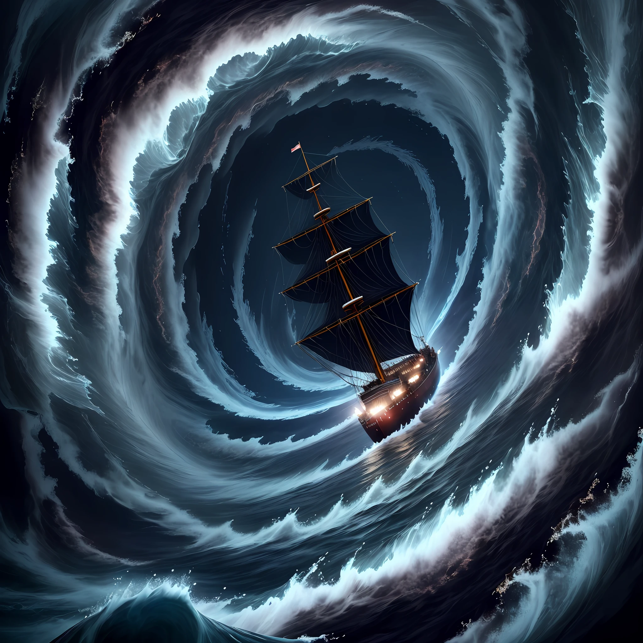 The ship is in the center of the ocean, attracted by huge whirlpools, dark night, violent storms, HD