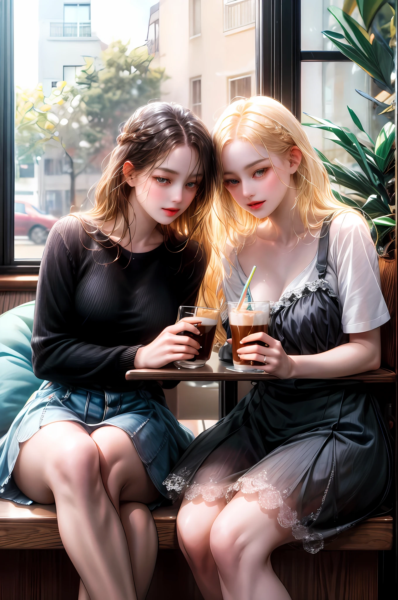 (absurd, highres, ultra detailed), 2girl, sitting at a table near the window where the shops outside are reflected, are in a coffee shop, drinking coffee from the same glass with two straws, , looking at each other, the one on the left has long blonde hair and the one on the right has black hair.