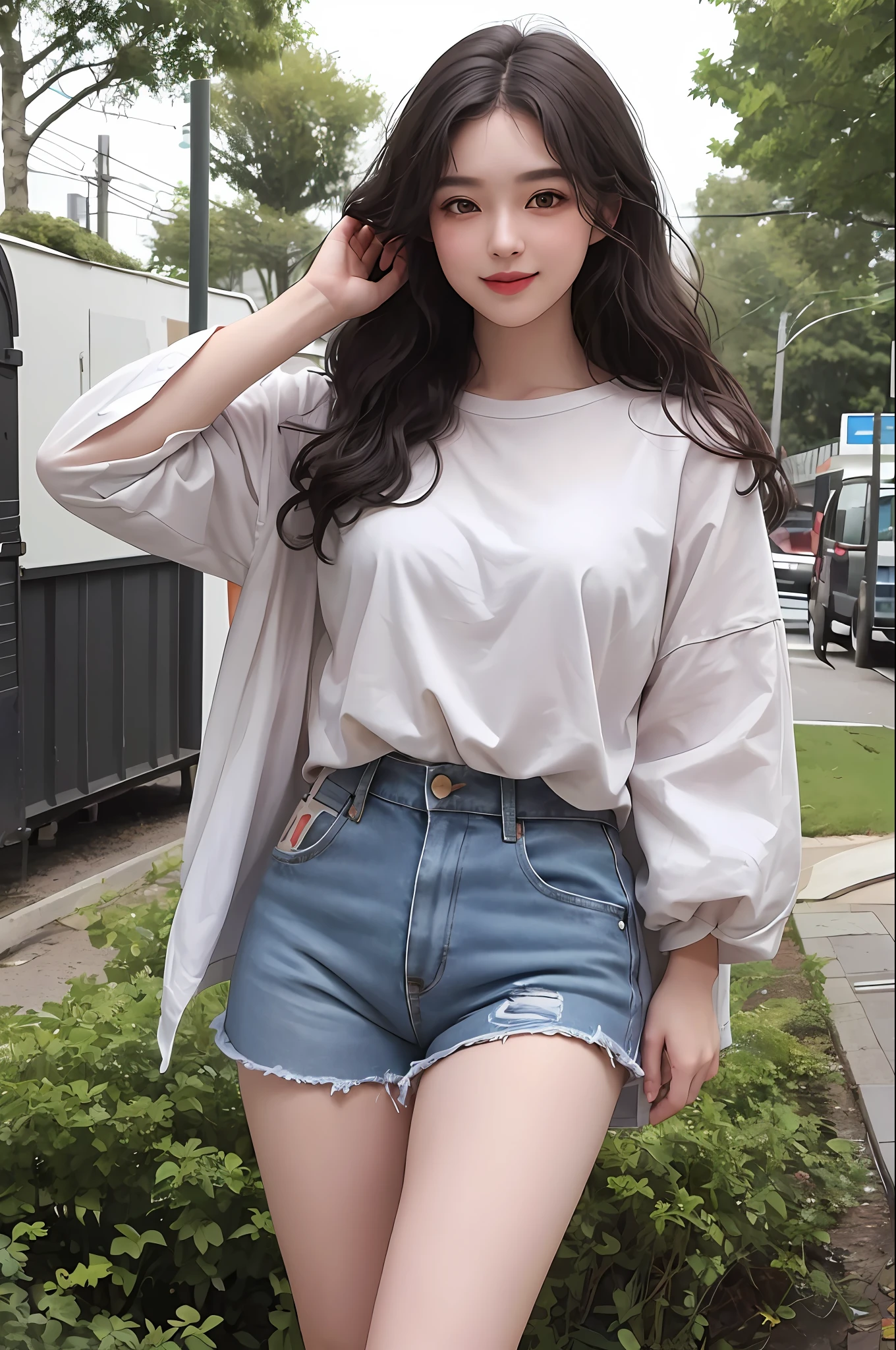 realistic, ultra hd, 1girl, wavy hair, korean, green eyes, thick eyebrows, delicate makeup, loose white shirt, black denim shorts, stockings, small waist, thighs, at the intersection, smile