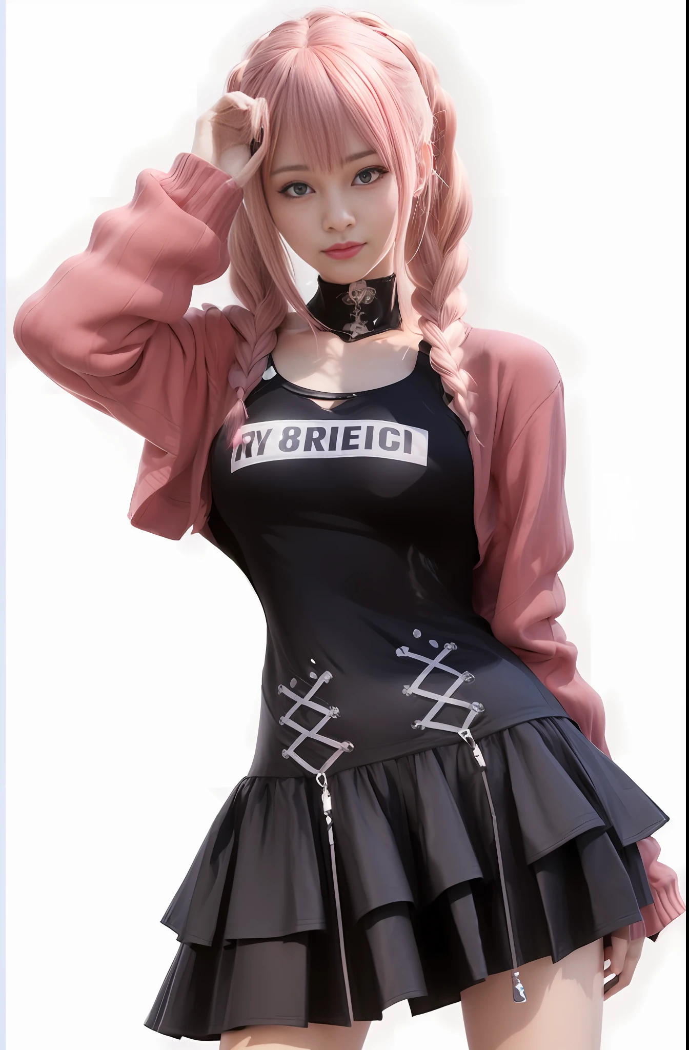 Woman posing for photo in black and pink outfit, realistic anime girl rendering, anime style 3d, april rendering, realistic anime 3d style, cute 3d anime girl rendering, anime style. 8k, 3D anime realistic, realistic young anime girl, closeup of woman with pink hair, pink hair, blue eyes, braids, blunt bangs, anime style, cute 3d anime girl rendering, (8k, RAW photo, best quality, masterpiece:1.2), (realistic, photo-realistic:1.37), 1girl, solo, nice looking hands, smile