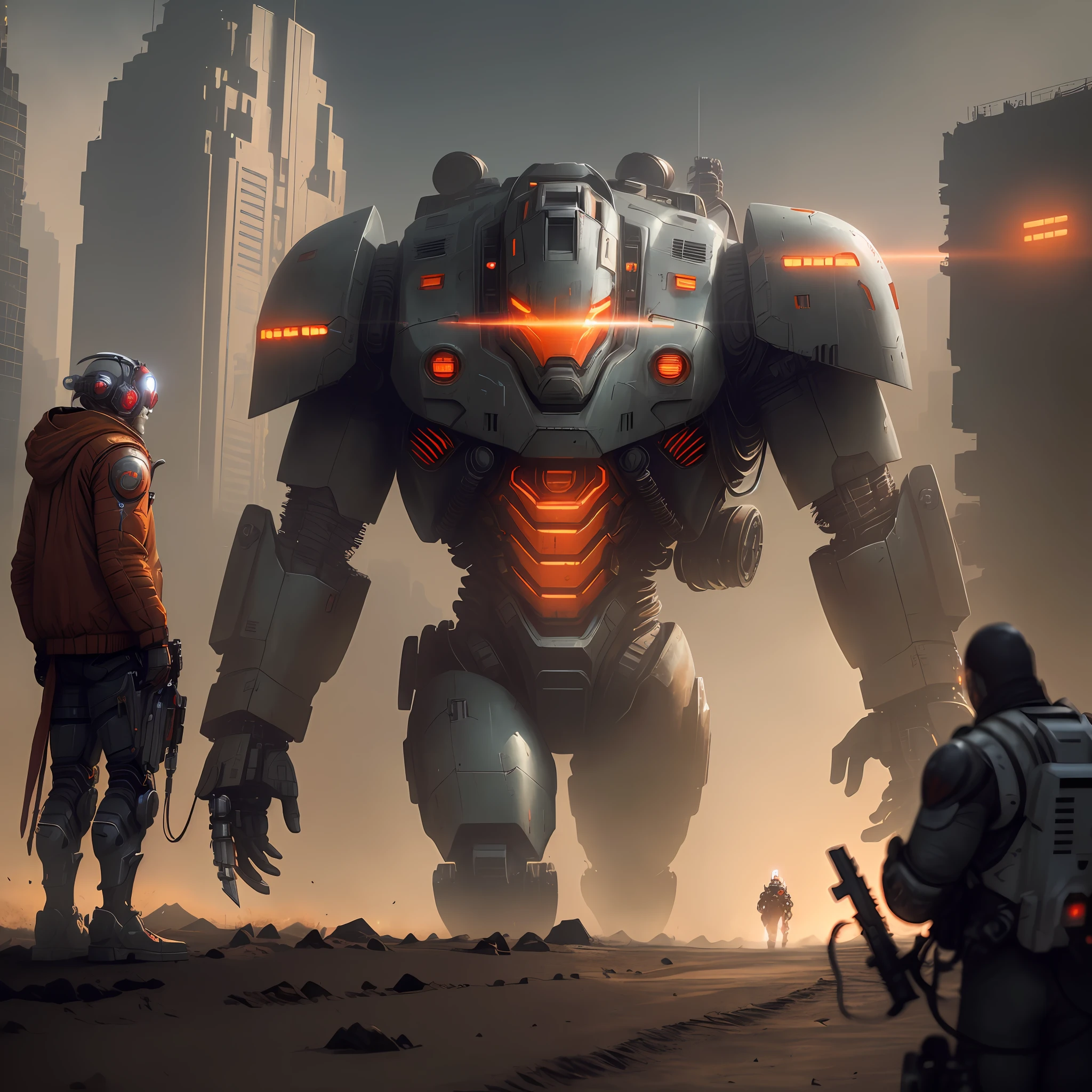 On the moon, barren planet, ruins, holding weapons, no humans, glowing, robot, building, glowing eyes, orange mech, science fiction, city, reality, mecha, galaxy background, full body, neon, cyber Punk, 8K wallpapers, ultra-detailed artwork, cinematic lighting, realistic photos, Dark_Fantasy, Cyberpunk, (chain saw, chain saw man, Red: 1.1), 1man, Mechanical marvel, Robotic presence, Cybernetic guardian, wearing a worn-out machine armor suit, intricate, (steel metal [rust]), elegant, sharp focus, photographed by greg rutkowski, soft lighting, vibrant colors, masterpiece, ((street)), cowboy shot, dynamic pose,