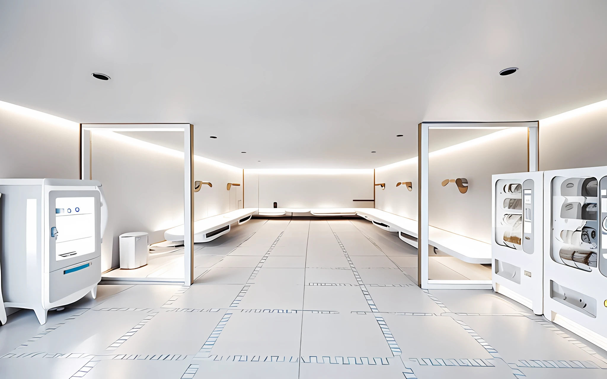The main body is a self-service dog washing shop, with a total of 50 square meters; It is divided into two rooms: a fully automatic bathing room and a blow-drying room. The outside bathing room is 20 square meters, with one automatic dog bath machine on the left and two self-service vending machines on the right; The blow-drying room inside is 30 square meters, placed with 5 pet trimming tables and 5 wall-mounted hair dryers, white walls, minimalist and simple decoration style, clean and bright, light color matching, human perspective, no fog.