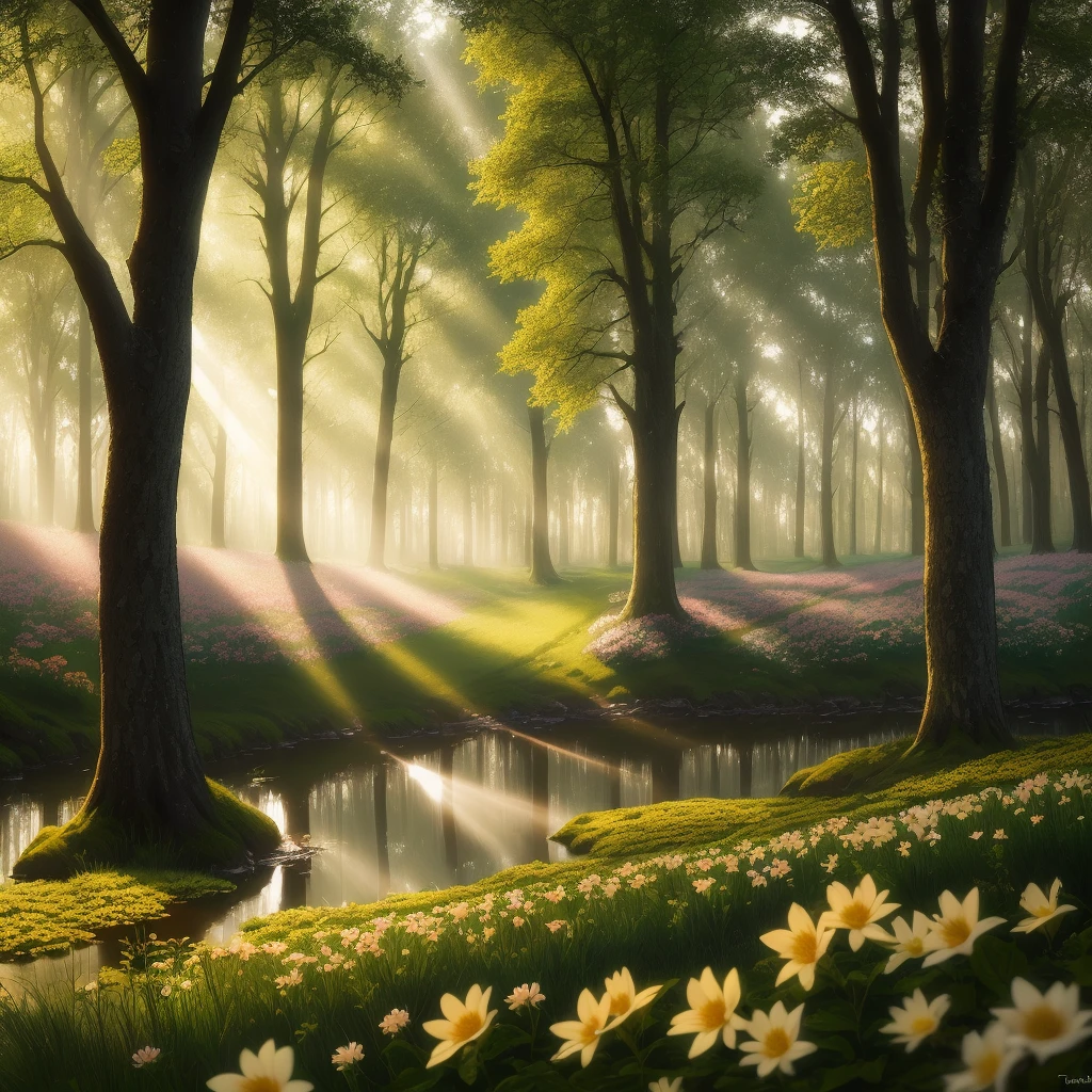 Hyper-realistic, early in the morning, Tyndall light shines through the woods, flowers bloom on the meadows, creeks, light through, cattle