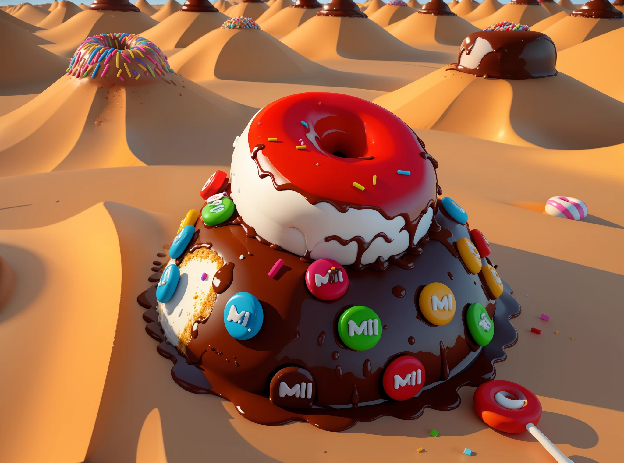 there is a chocolate cake with a giant donut on top of it, c 4 d ”, rendered in cinema4d, rendered in cinema 4 d, cool desert, cinema 4d colorful render, cinema 4 d art, rendered in keyshot, blender donut tutorial, cinema 4 d render, cinema 4d render, cinema4d render, trend on behance 3 d art