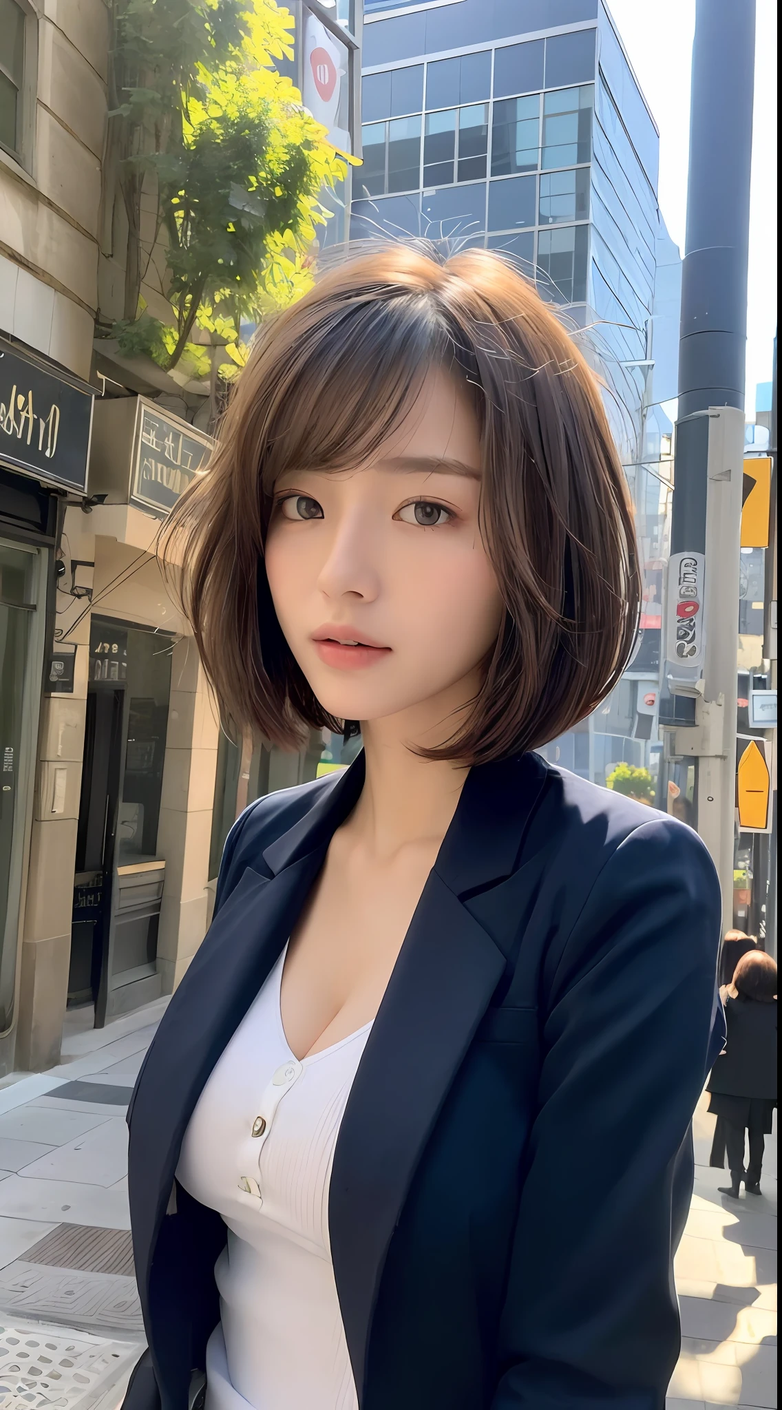 ((Best quality, 8k, Masterpiece :1.3)), Sharp focus :1.2, A pretty woman with perfect figure :1.4, Slender abs :1.2, ((Layered haircut, Big breasts :1.2)), (Blazer over very thin white button up shirt :1.1), City street:1.2, Highly detailed face and skin texture, Detailed eyes, Double eyelid