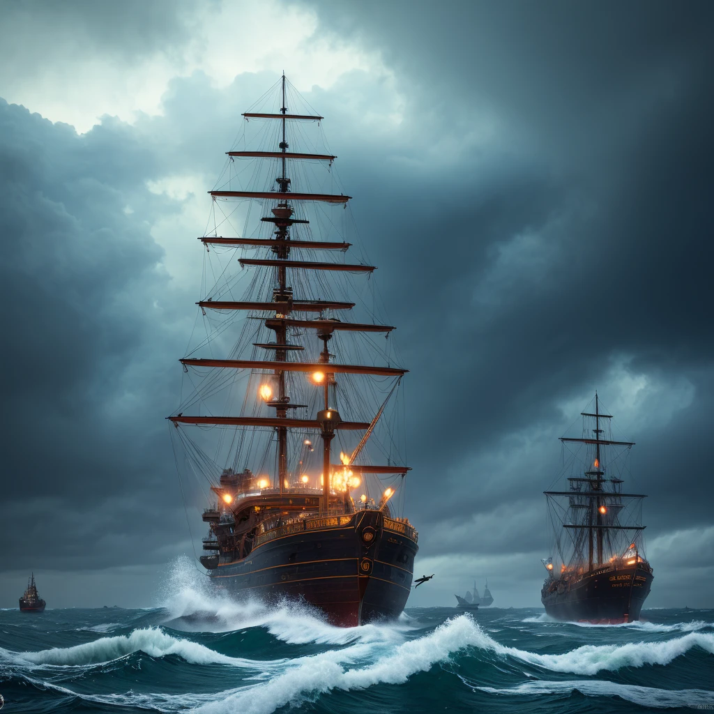 (highly detailed:1.2),(best quality:1.2),(8k:1.0),(emb-rrf-low:1.0),sharp focus,(award-winning photograph:1.2), (subsurface scattering:1.1), A sailing ship and a giant kraken battle in a stormy night, painted in digital art with vibrant colors, detailed textures, dynamic lighting, and a fantasy atmosphere by michael whelan and tomer hanuka, trending on artstation and unreal engine, 1 ship, solo ship