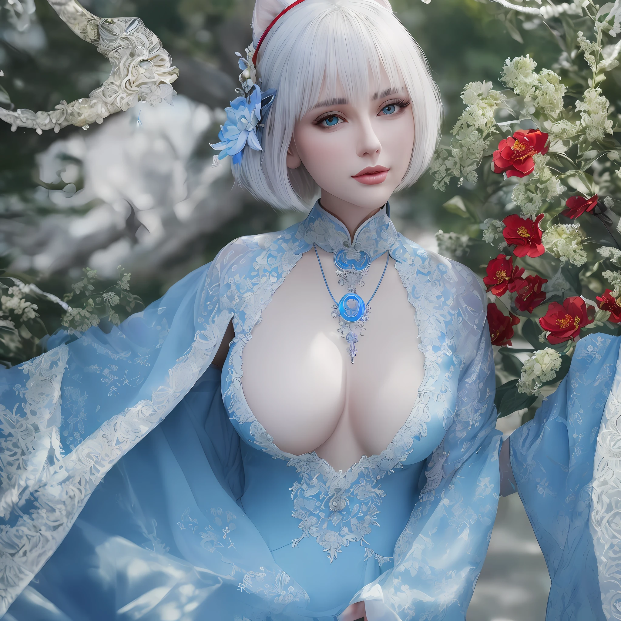 masterpiece, best quality, ultra-detailed, ((1girl)) ,beautiful detailed eyes, looking at viewer, close up, white short hair, shy, cat ears, ((glowing blue necklace)), village in forest in the background, (blue and red eyes), glossy lips, ((heterochromia)), (wearing a red Cheongsam), sideboob, best lighting, absurdres, high details, intricate, intricate details, sharp focus, screen space reflextions, RTX, edge lighting, rim light, rimlighting, best lighting