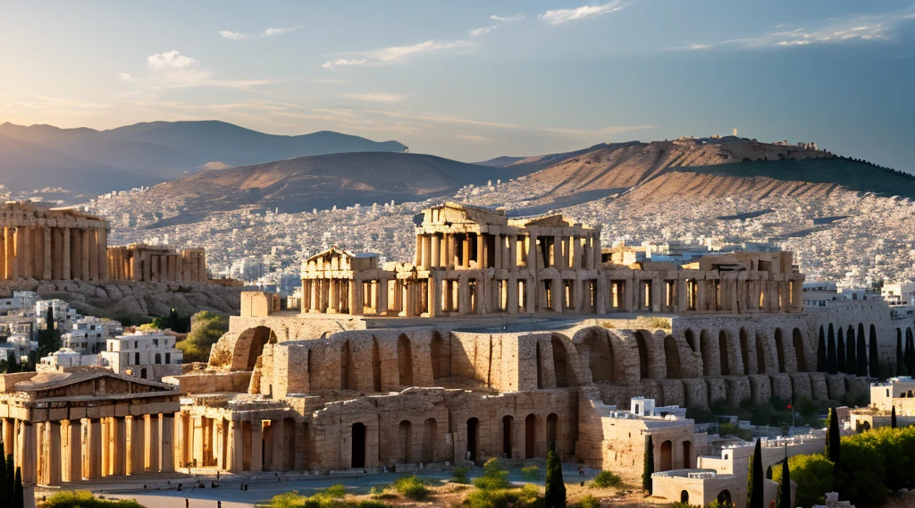 Create a stunning 8k cinematic image with a realistic feel that captures the enduring legacies of Athens and Sparta and their immense impact on Western civilization.
