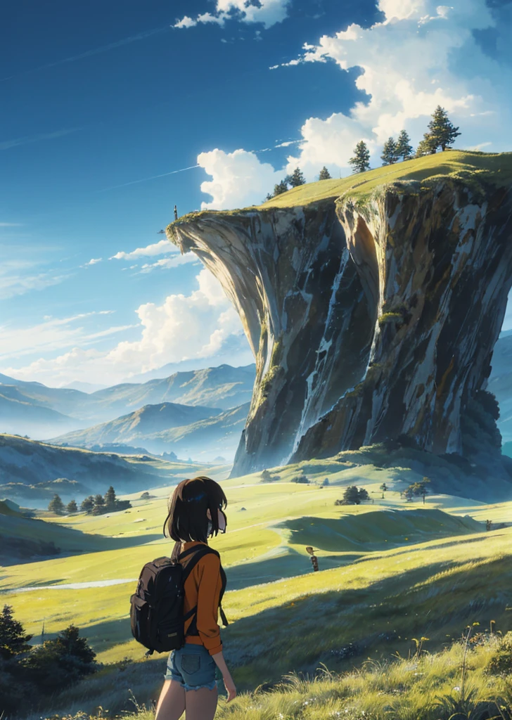(beautiful and magnificent skyline, majestic sky), (extremely tense and dramatic pictures, moving visual effects), (high hanging Polaris, colorful natural light), (1girl), (long-sleeved top, denim shorts, carrying a backpack), (dynamic pose:1.3, black eyes, black hime-cut hair, sparkling girl)[:0.8], (large grassland), (oncoming breeze), (brown hair and background Coordination effect: 1.2), (close shot, long shot mix and match)[::0.9]