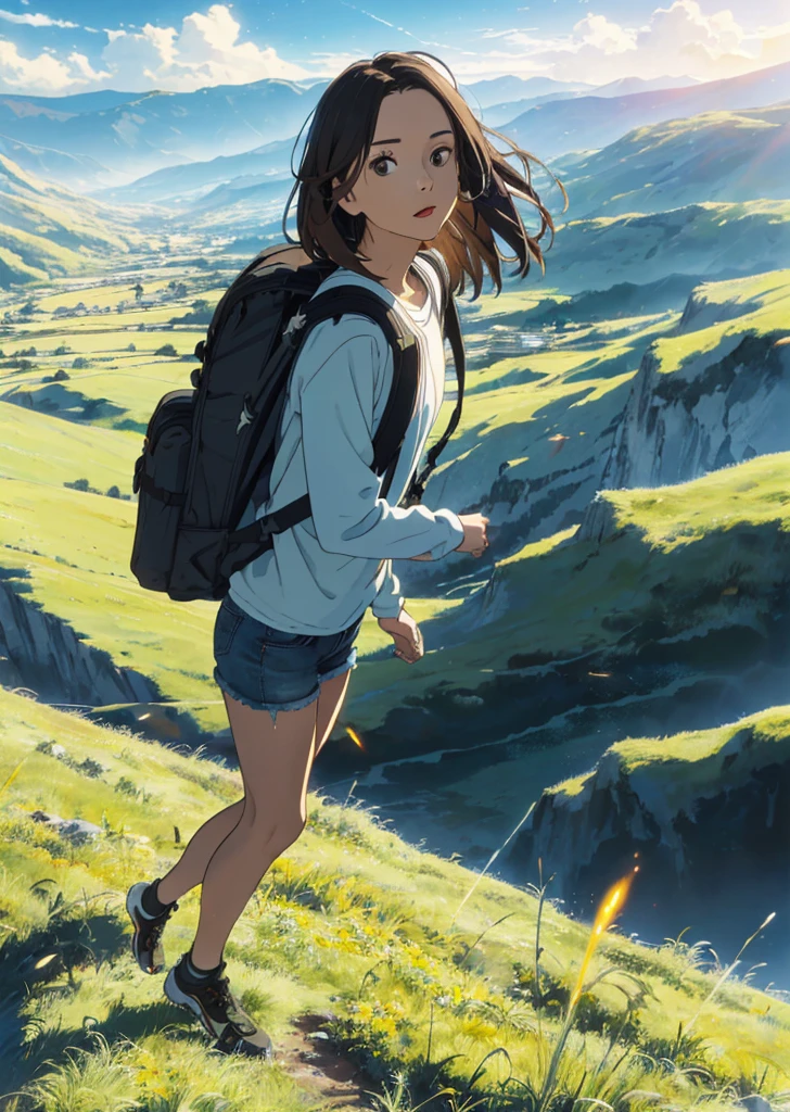 (beautiful and magnificent skyline, majestic sky), (extremely tense and dramatic pictures, moving visual effects), (high hanging Polaris, colorful natural light), (1girl), (long-sleeved top, denim shorts, carrying a backpack), (dynamic pose:1.3, black eyes, black hime-cut hair, sparkling girl)[:0.8], (large grassland), (oncoming breeze), (brown hair and background Coordination effect: 1.2), (close shot, long shot mix and match)[::0.9]