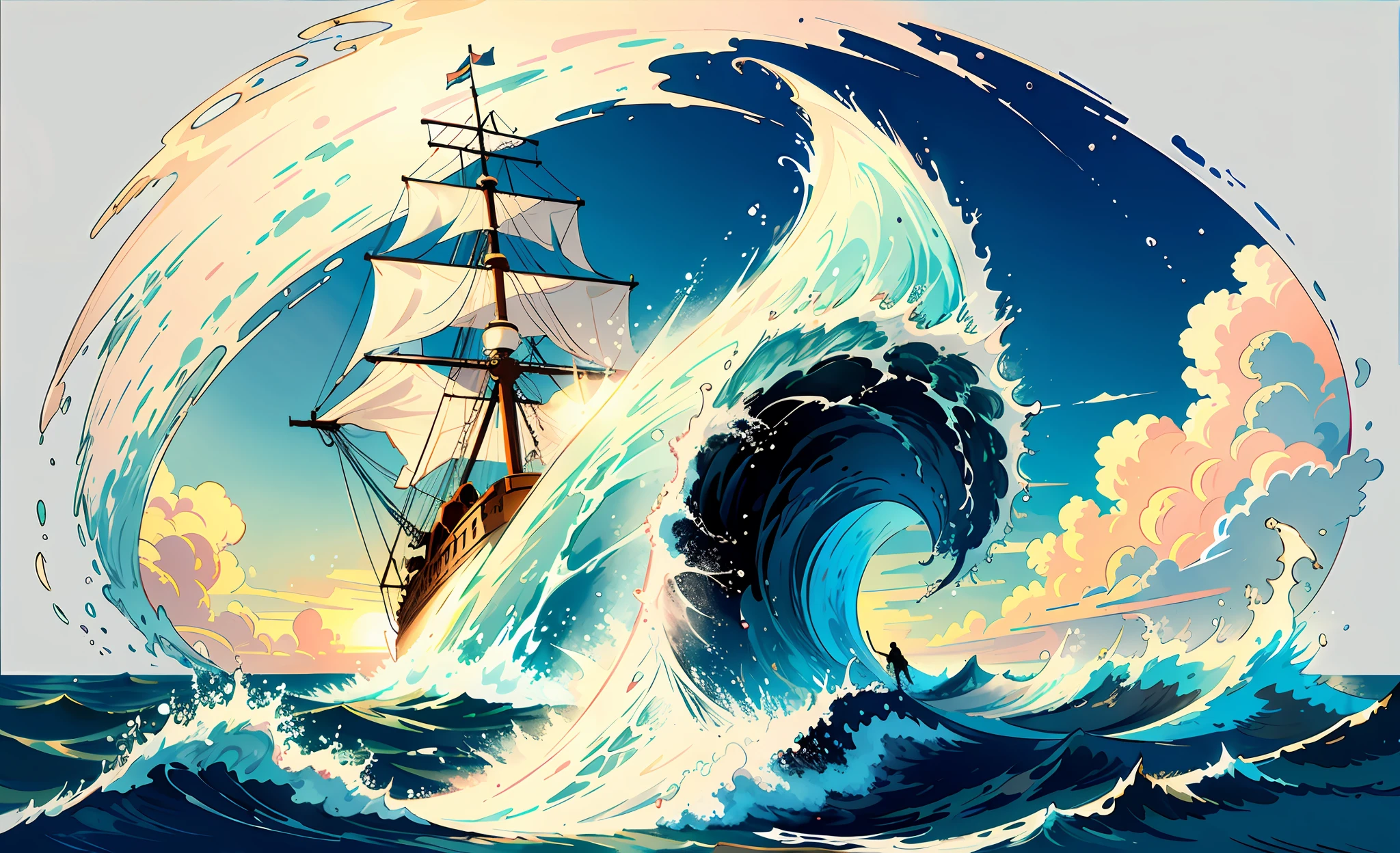 20/2000
A ship sailing in huge waves, intense sunlight, grand perspective (masterpiece, top quality, best, official art, beauty and aesthetics: 1.2),