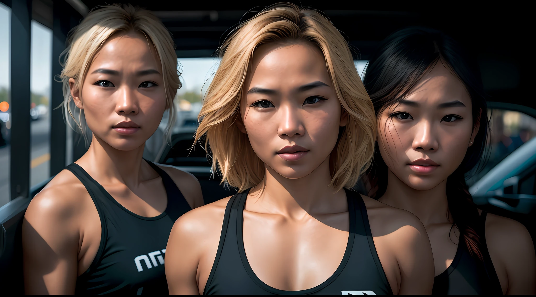3 beautiful young thai women with blond hair and a super fit body running a marathon on the road, photorealistic, photo, masterpiece, realistic, realism, photorealism, high contrast, photorealistic digital art trending on artstation 8k hd high definition detailed realistic, detailed, skin texture, hyper detailed, realistic skin texture, armature, best quality, ultra high res, (photorealistic:1.4), high resolution, detailed, raw photo, sharp re, by lee jeffries nikon d850 film stock photograph 4 kodak portra 400 camera f1.6 lens rich colors hyper realistic lifelike texture dramatic lighting unrealengine trending on artstation cinestill 800,