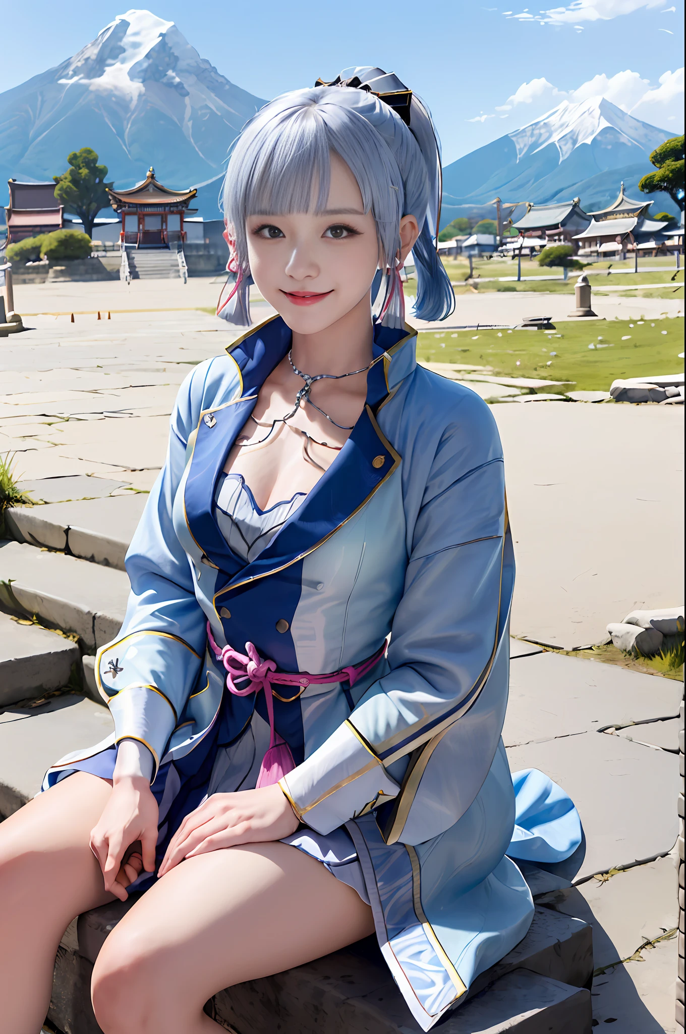 Kamisato ayakabom, whole body, sit, smile, blush, outdoor, daytime, simple background, blue sky, short hair, sky, temple, looking at the viewer, mountains sitting on the stairs, capricious lights, silver shapes, squeaky woman,