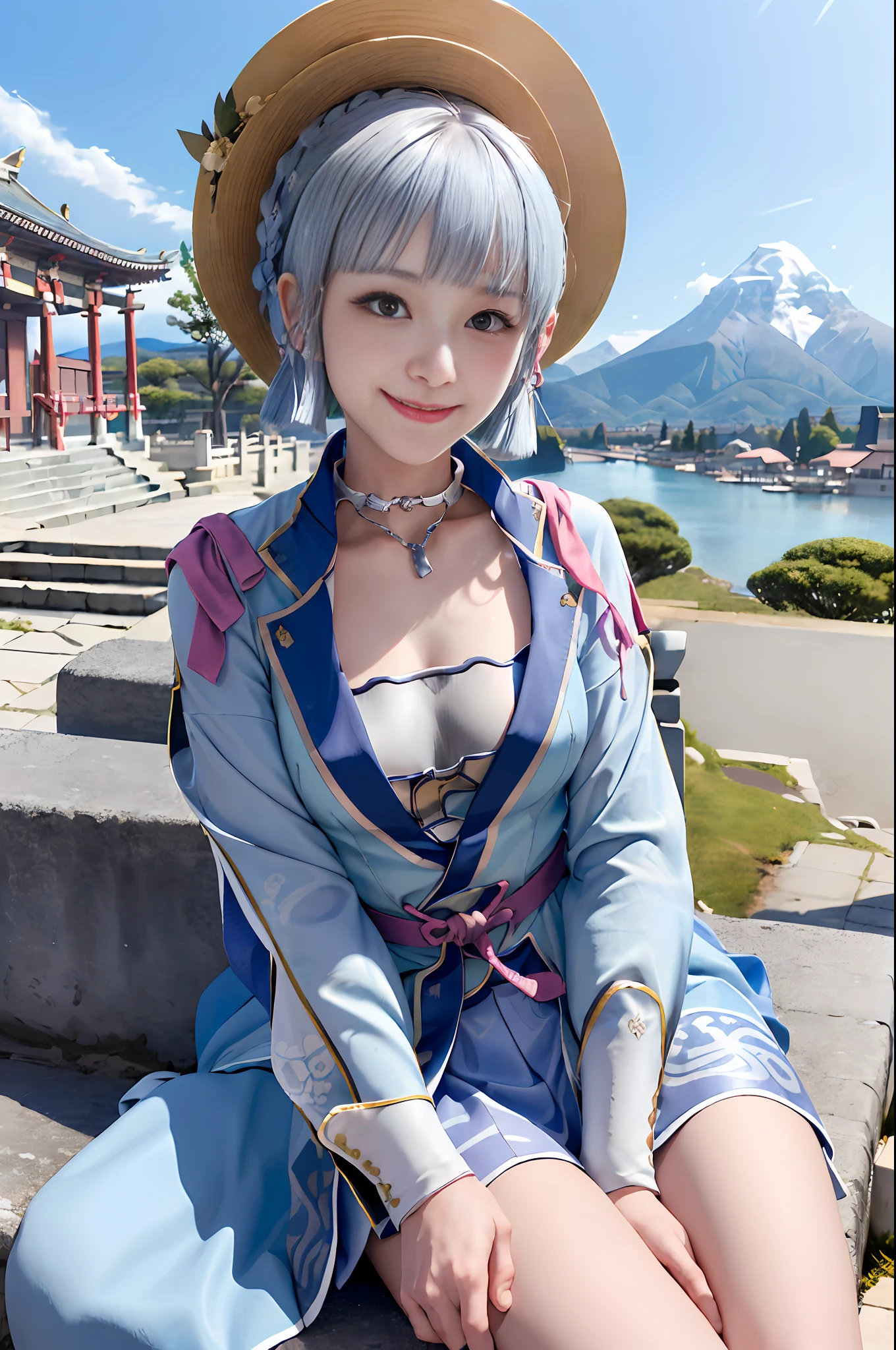 Kamisato ayakabom, whole body, sit, smile, blush, outdoor, daytime, simple background, blue sky, short hair, sky, temple, looking at the viewer, mountains sitting on the stairs, capricious lights, silver shapes, squeaky woman,