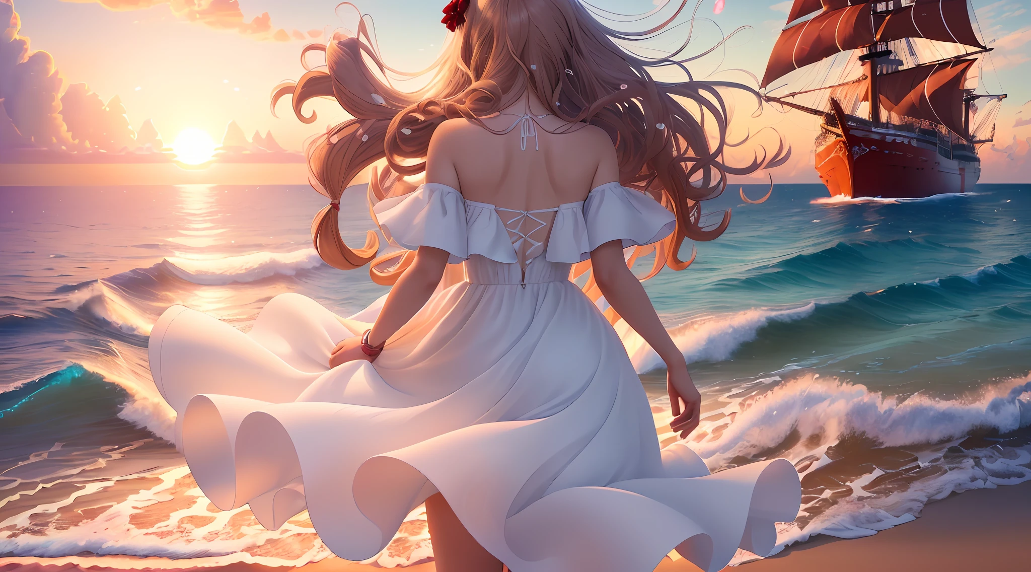 (extremely detailed CG unity 8k wallpaper,masterpiece, best quality),(vibrant illumination and shadow),(back of 1 girl),(long hair:1.2+messy hair:0.8+curly hair:0.8),(white sundress), (waiting on sandy beach with scenic sunrise),(ship with ((crimson)) sails) in the background,rippling waves,wind blowing skirt, ultra realistic, higly detailed, real life like