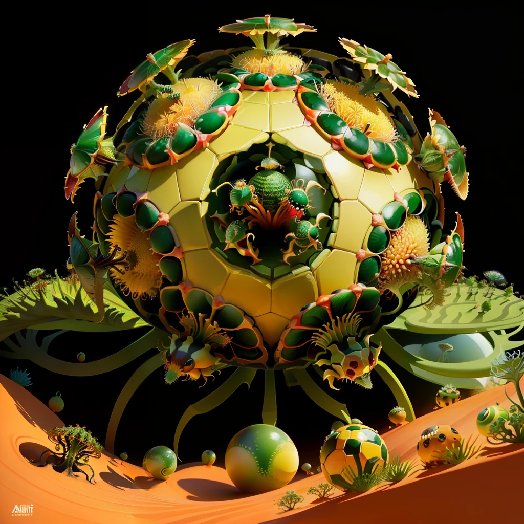 anthill orb 45degrees top-down view, animated, colorful, venus flytrap, creatures