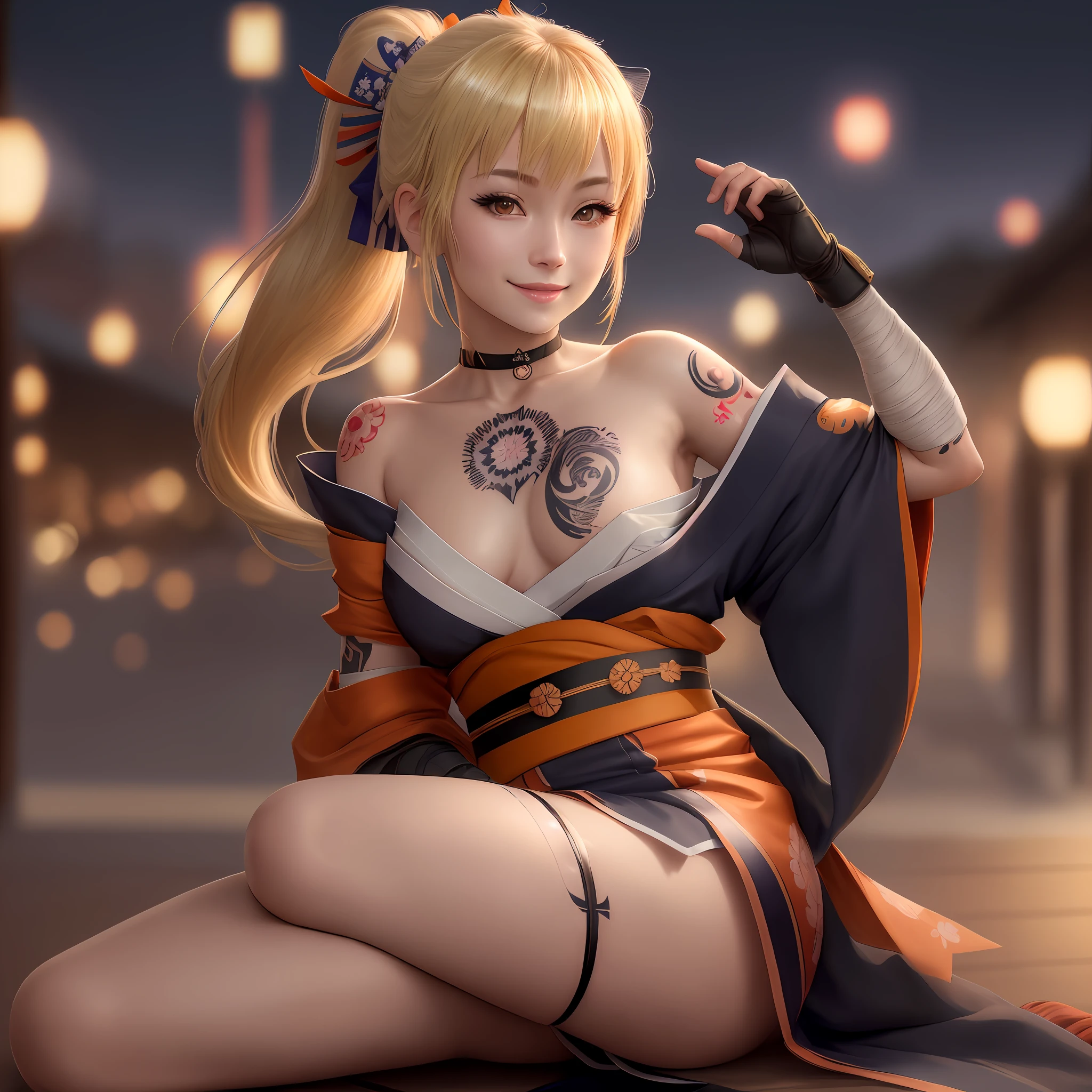 (best quality), (photo realistic:1.35), ((high res)), detailed face, face focus, 1girl, hadanugi dousa, yoimiya, sarashi, solo, fireworks, japanese clothes, blonde hair, bandages, gloves, kimono, choker, chest tattoo, red choker, tattoo, night, sitting, bandaged leg, orange kimono, chest sarashi, fingerless gloves, arm tattoo, hair ornament, single bare shoulder, blurry, bandaged arm, night sky, single fingerless glove, hair between eyes, breasts, ponytail, bangs, sash, jewelry, smile, black gloves, shiny skin,
