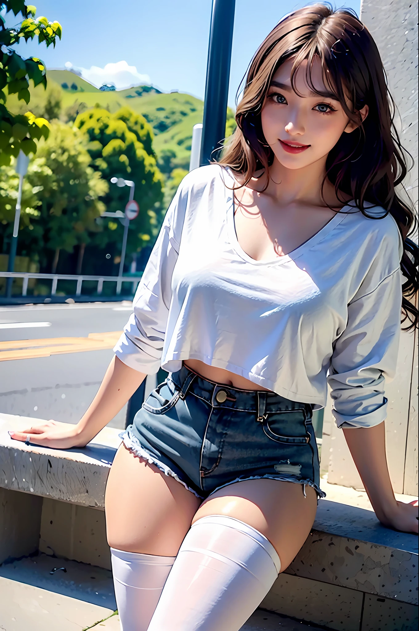 realistic, ultra hd, 1girl, wavy hair, korean, green eyes, thick eyebrows, delicate makeup, loose white shirt, black denim shorts, stockings, small waist, thighs, at the intersection, smile